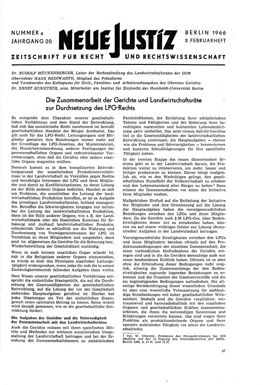 Neue Justiz (NJ), Zeitschrift für Recht und Rechtswissenschaft [Deutsche Demokratische Republik (DDR)], 20. Jahrgang 1966, Seite 97 (NJ DDR 1966, S. 97)