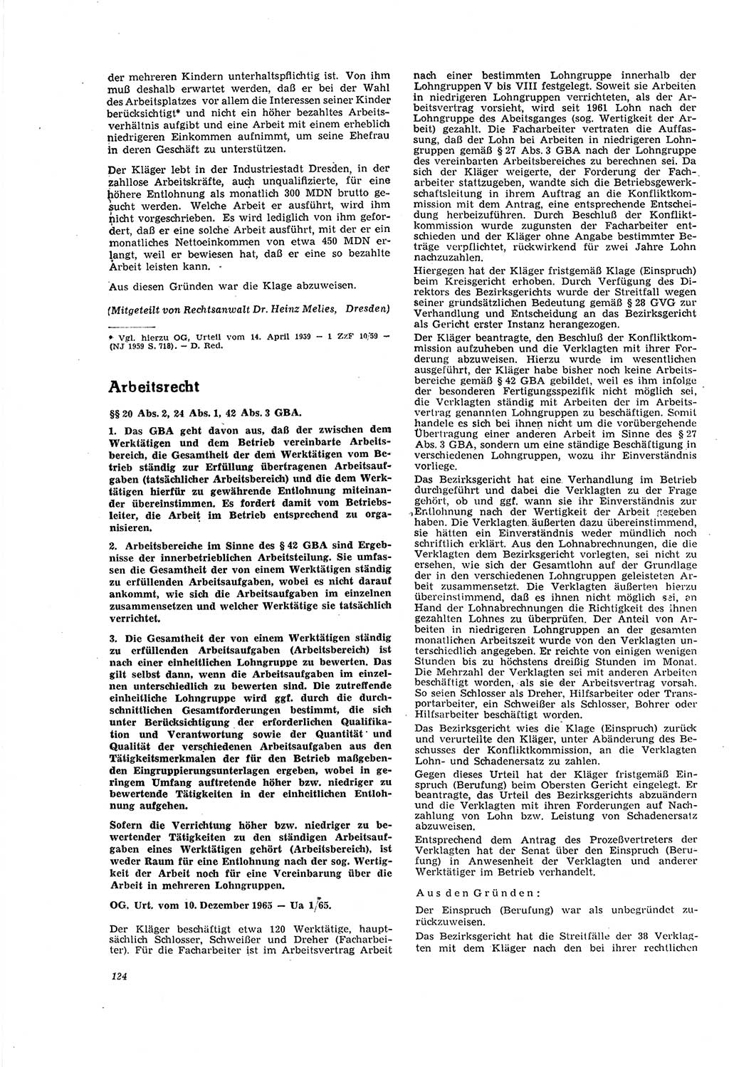 Neue Justiz (NJ), Zeitschrift für Recht und Rechtswissenschaft [Deutsche Demokratische Republik (DDR)], 20. Jahrgang 1966, Seite 124 (NJ DDR 1966, S. 124)