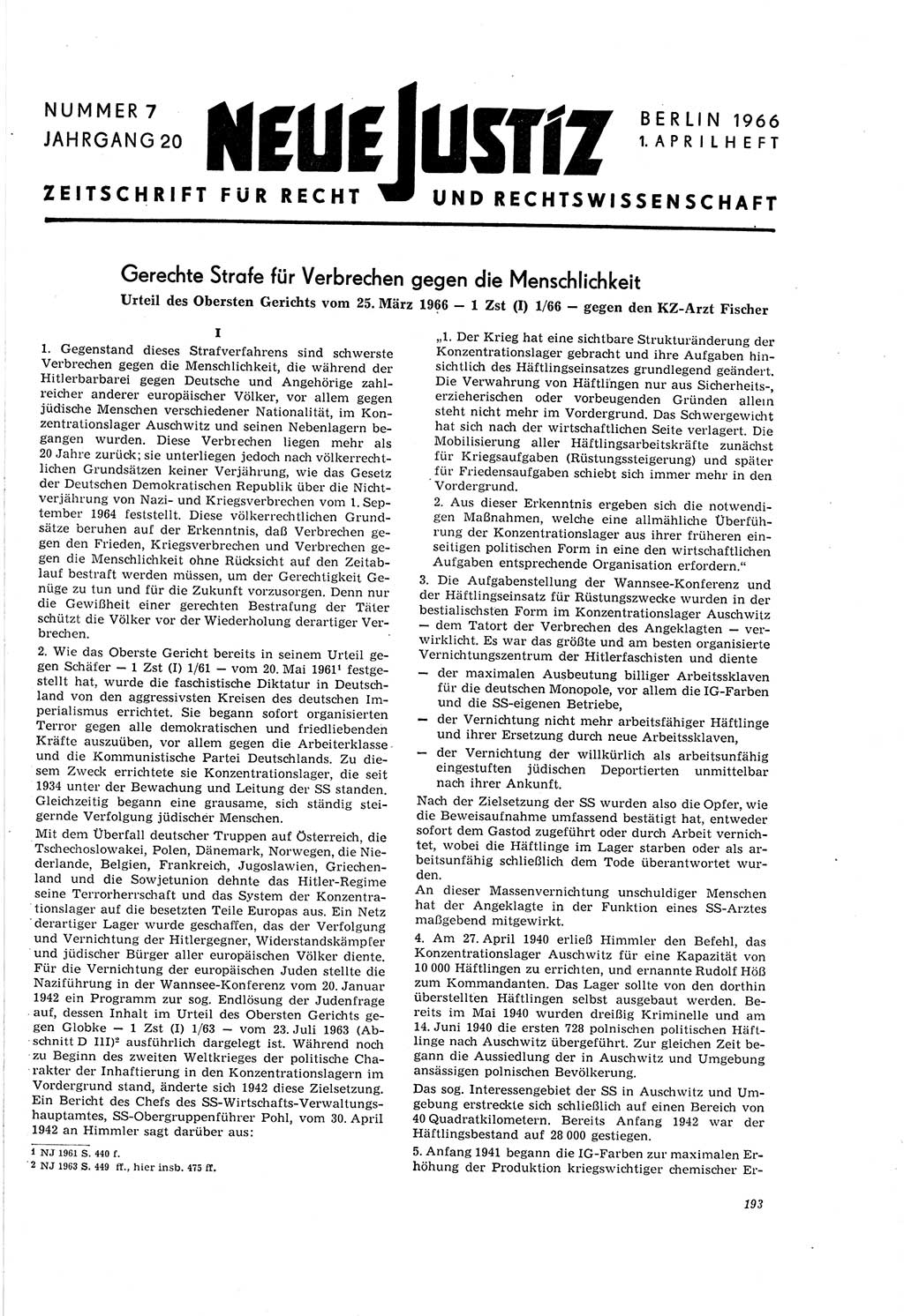 Neue Justiz (NJ), Zeitschrift für Recht und Rechtswissenschaft [Deutsche Demokratische Republik (DDR)], 20. Jahrgang 1966, Seite 193 (NJ DDR 1966, S. 193)