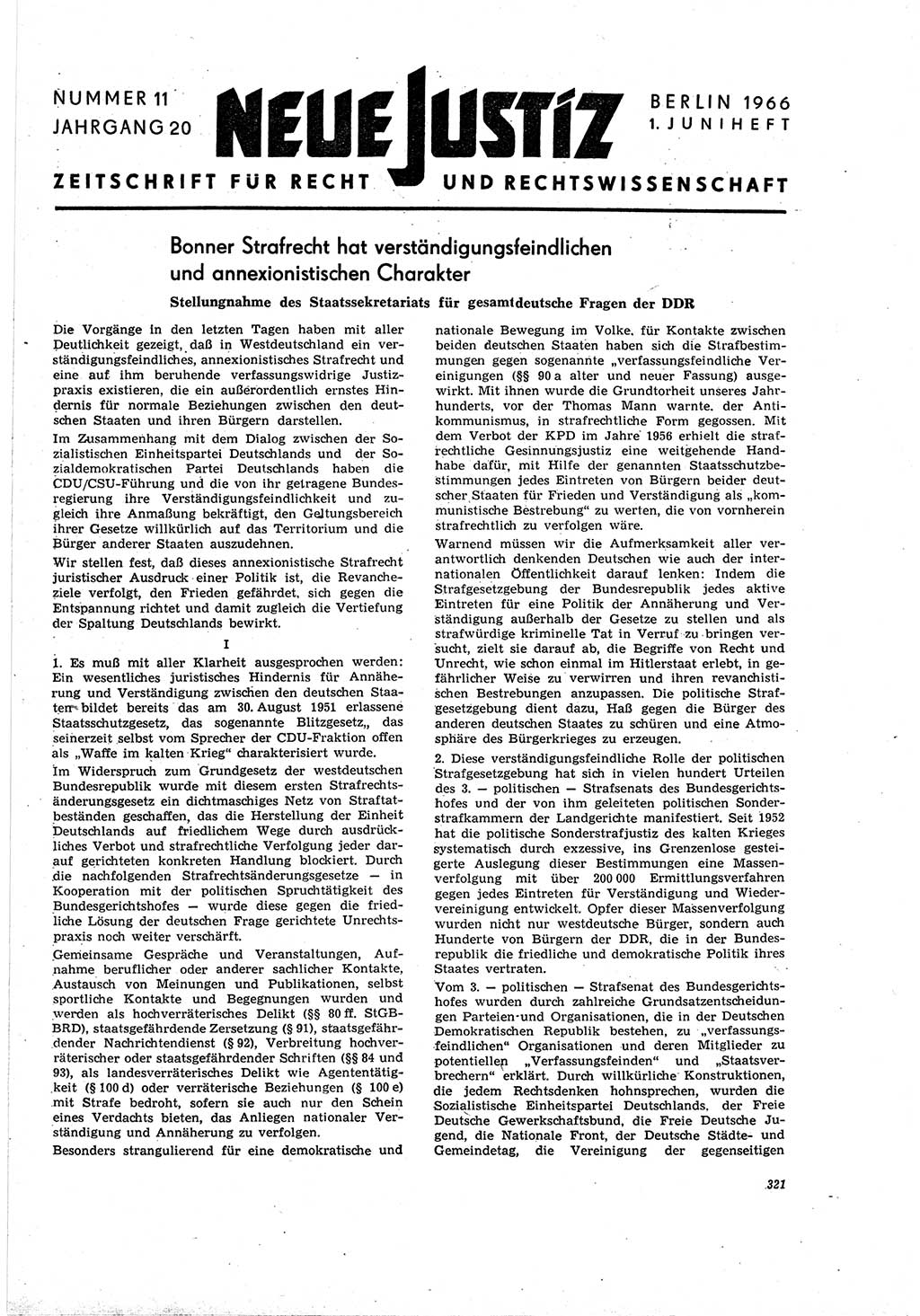 Neue Justiz (NJ), Zeitschrift für Recht und Rechtswissenschaft [Deutsche Demokratische Republik (DDR)], 20. Jahrgang 1966, Seite 321 (NJ DDR 1966, S. 321)