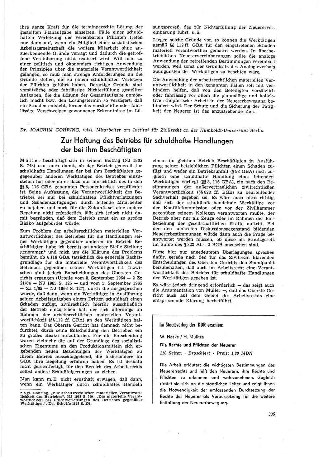 Neue Justiz (NJ), Zeitschrift für Recht und Rechtswissenschaft [Deutsche Demokratische Republik (DDR)], 20. Jahrgang 1966, Seite 335 (NJ DDR 1966, S. 335)