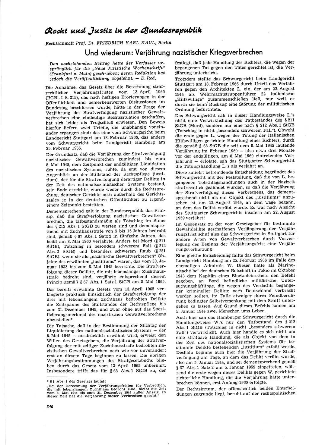 Neue Justiz (NJ), Zeitschrift für Recht und Rechtswissenschaft [Deutsche Demokratische Republik (DDR)], 20. Jahrgang 1966, Seite 340 (NJ DDR 1966, S. 340)