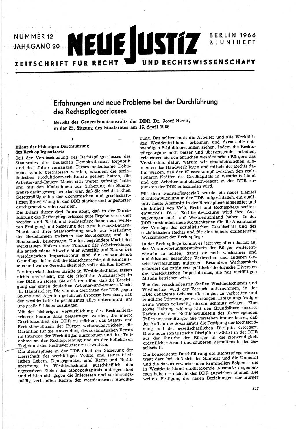 Neue Justiz (NJ), Zeitschrift für Recht und Rechtswissenschaft [Deutsche Demokratische Republik (DDR)], 20. Jahrgang 1966, Seite 353 (NJ DDR 1966, S. 353)