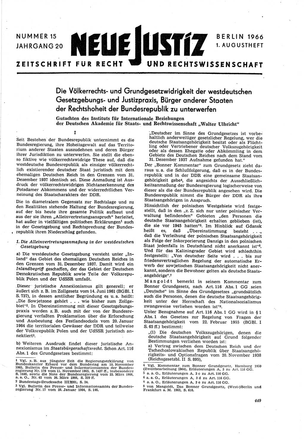 Neue Justiz (NJ), Zeitschrift für Recht und Rechtswissenschaft [Deutsche Demokratische Republik (DDR)], 20. Jahrgang 1966, Seite 449 (NJ DDR 1966, S. 449)