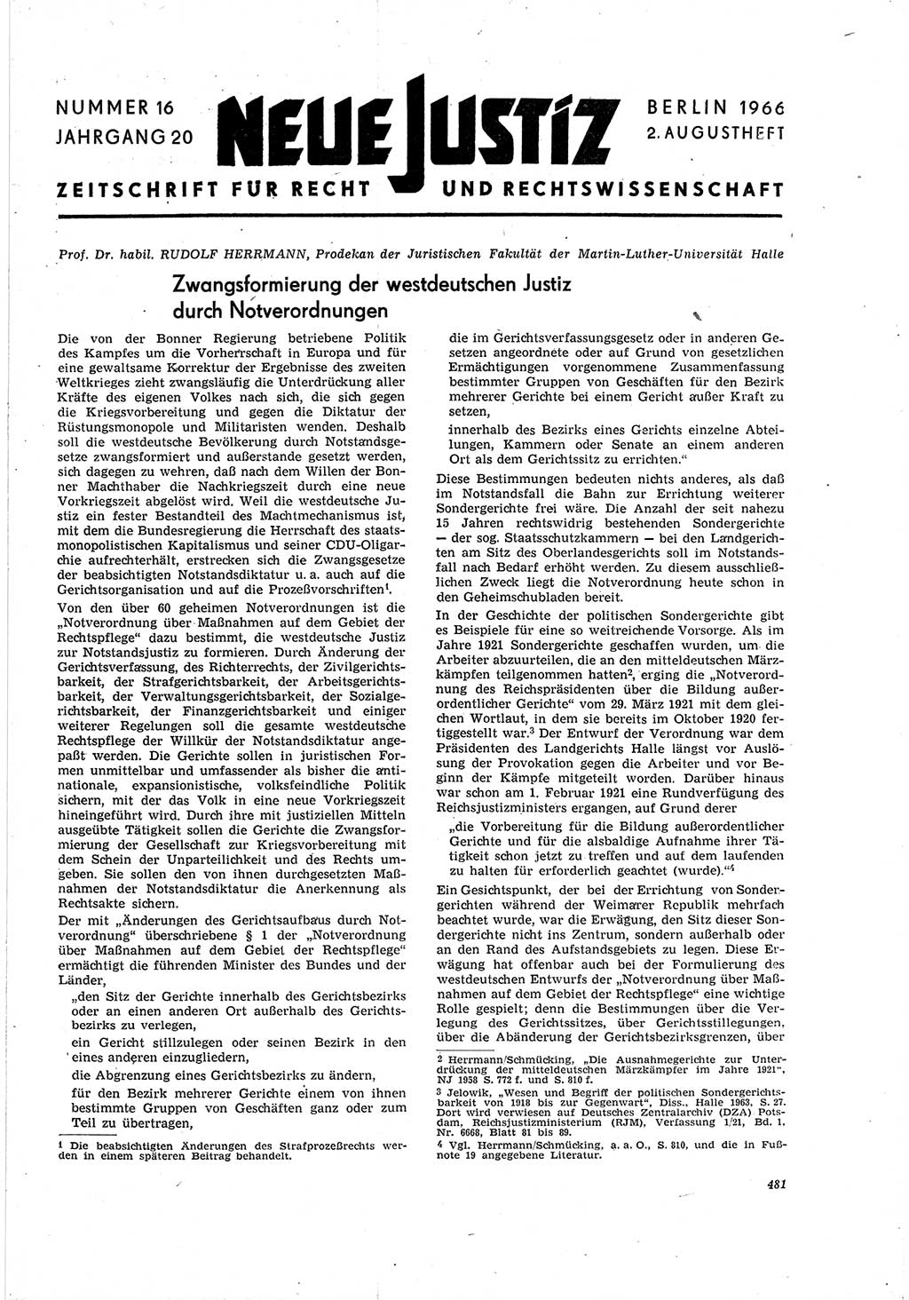 Neue Justiz (NJ), Zeitschrift für Recht und Rechtswissenschaft [Deutsche Demokratische Republik (DDR)], 20. Jahrgang 1966, Seite 481 (NJ DDR 1966, S. 481)