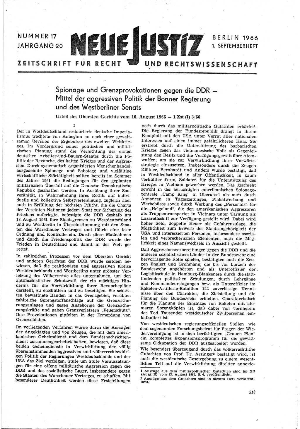 Neue Justiz (NJ), Zeitschrift für Recht und Rechtswissenschaft [Deutsche Demokratische Republik (DDR)], 20. Jahrgang 1966, Seite 513 (NJ DDR 1966, S. 513)