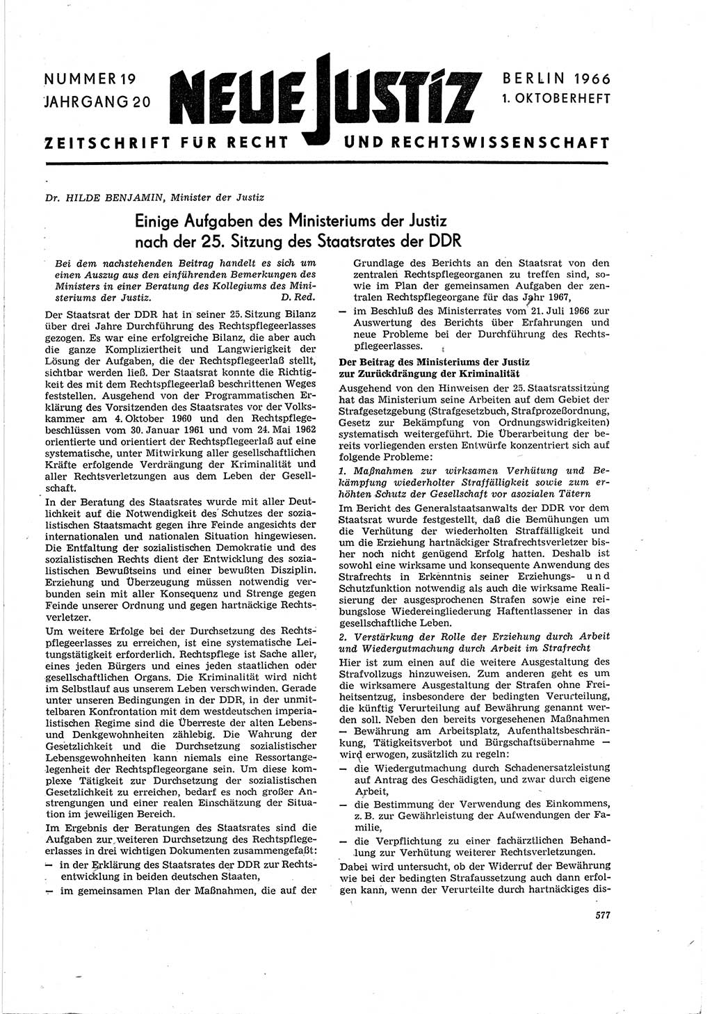 Neue Justiz (NJ), Zeitschrift für Recht und Rechtswissenschaft [Deutsche Demokratische Republik (DDR)], 20. Jahrgang 1966, Seite 577 (NJ DDR 1966, S. 577)