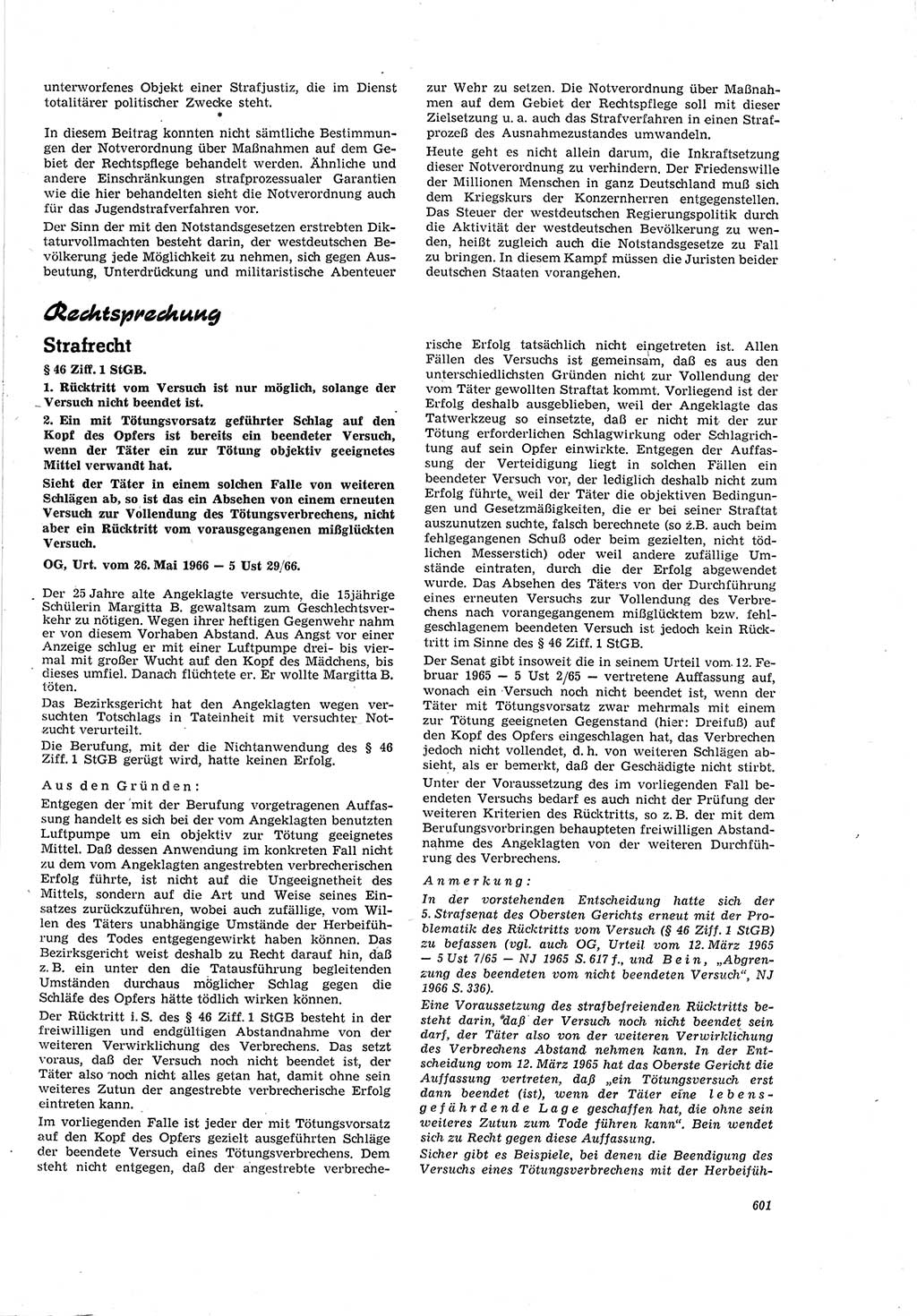 Neue Justiz (NJ), Zeitschrift für Recht und Rechtswissenschaft [Deutsche Demokratische Republik (DDR)], 20. Jahrgang 1966, Seite 601 (NJ DDR 1966, S. 601)
