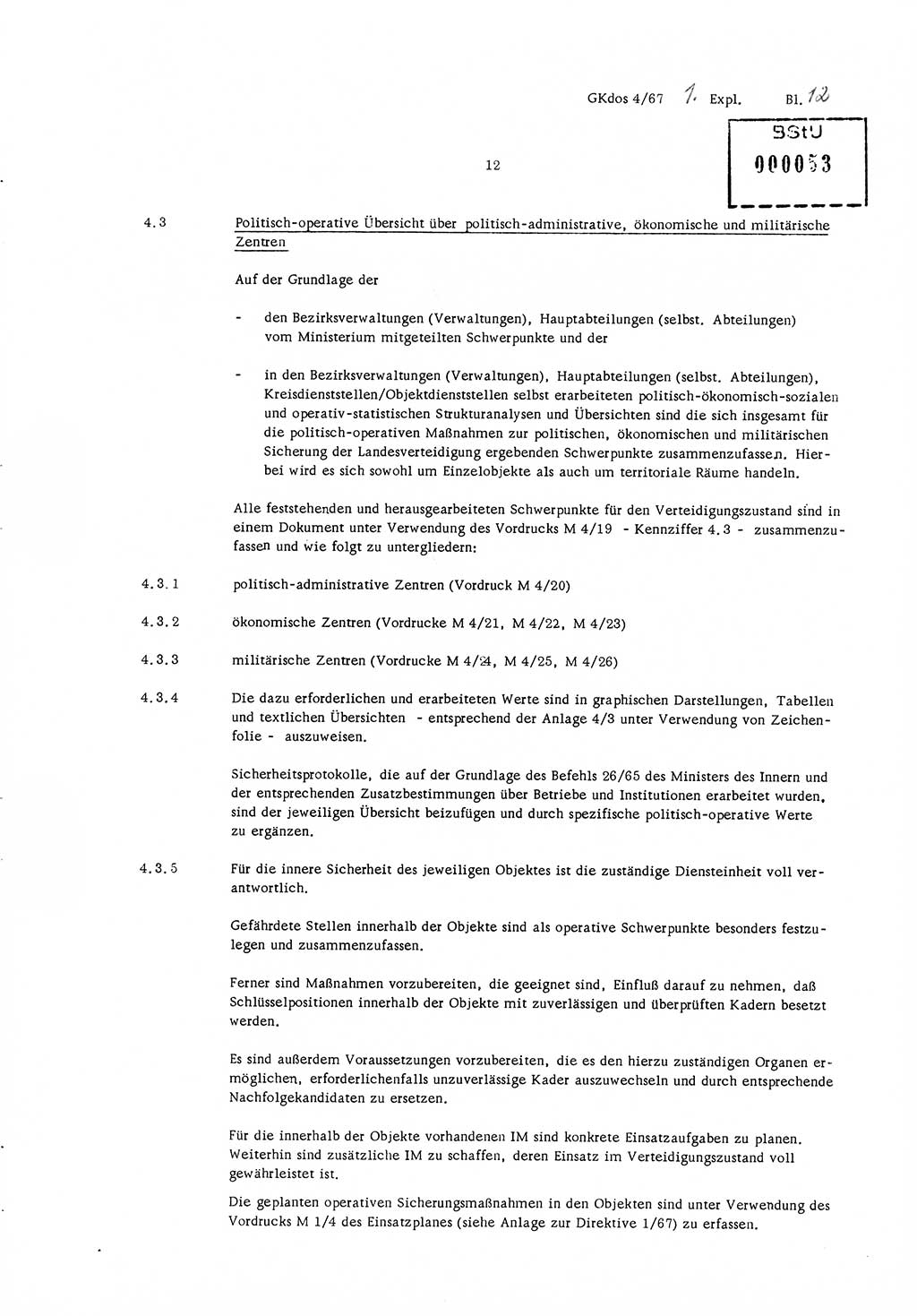 Durchführungsbestimmung Nr. 1 über die spezifisch-operative Mobilmachungsarbeit im Ministerium für Staatssicherheit (MfS) und in den nachgeordneten Diensteinheiten zur Direktive Nr. 4/67 des Ministers für Staatssicherheit, Deutsche Demokratische Republik (DDR), Ministerium für Staatssicherheit (MfS), Der Minister, Geheime Kommandosache (GKdos) 4/67, Berlin 1967, Seite 12 (DB 1 Dir. 1/67 DDR MfS Min. GKdos 4/67 1967, S. 12)