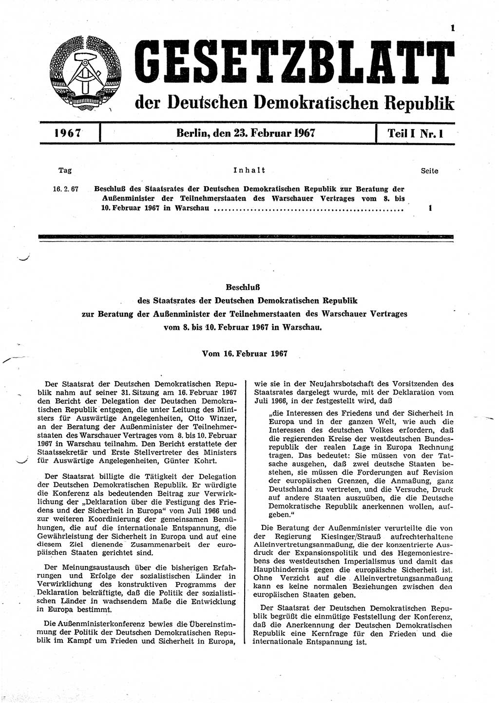 Gesetzblatt (GBl.) der Deutschen Demokratischen Republik (DDR) Teil Ⅰ 1967, Seite 1 (GBl. DDR Ⅰ 1967, S. 1)