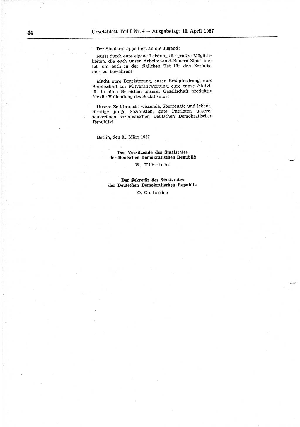 Gesetzblatt (GBl.) der Deutschen Demokratischen Republik (DDR) Teil Ⅰ 1967, Seite 44 (GBl. DDR Ⅰ 1967, S. 44)