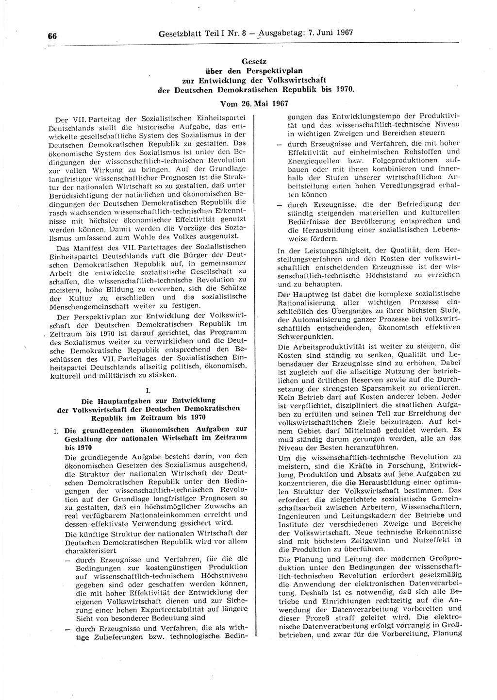 Gesetzblatt (GBl.) der Deutschen Demokratischen Republik (DDR) Teil Ⅰ 1967, Seite 66 (GBl. DDR Ⅰ 1967, S. 66)