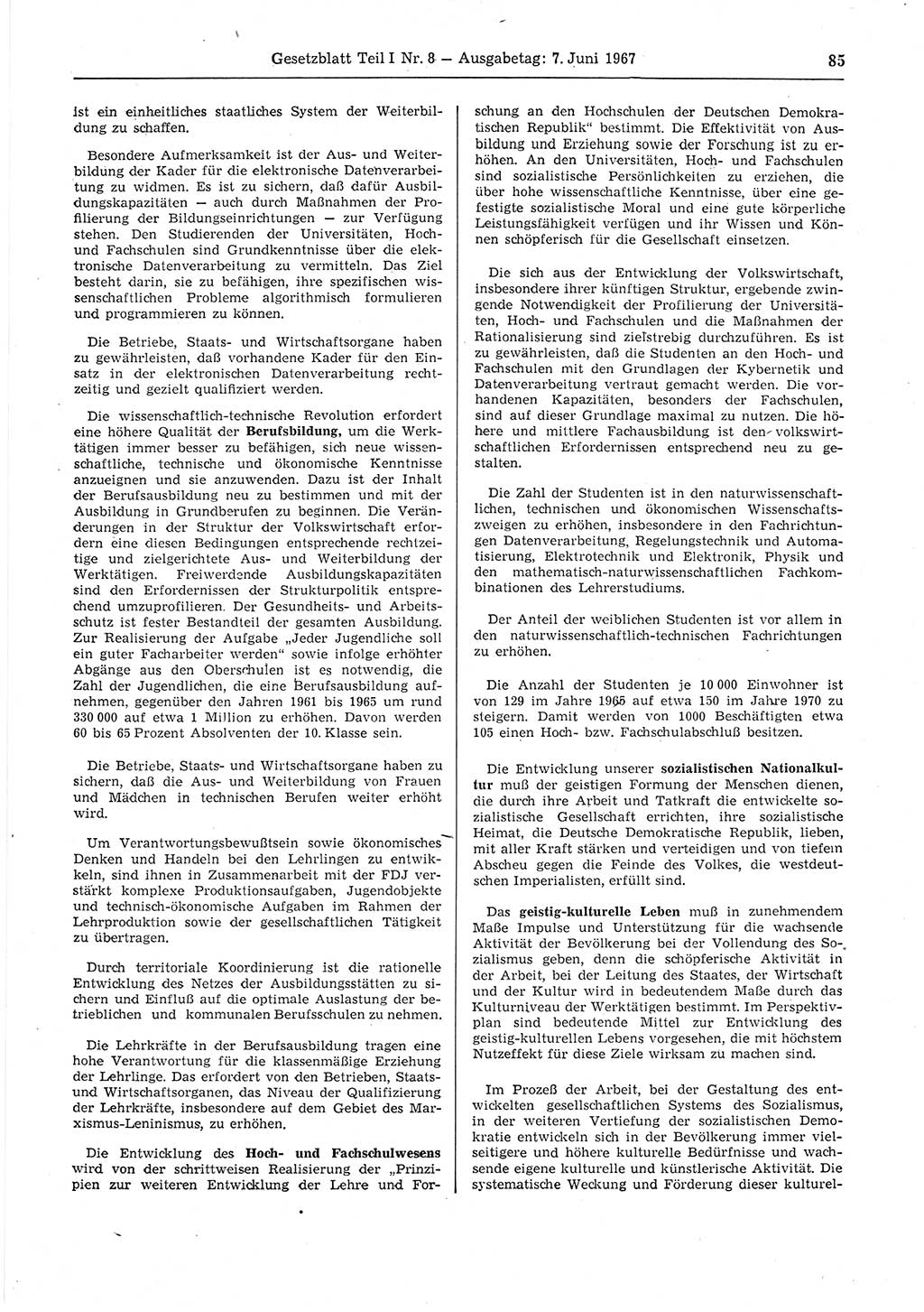 Gesetzblatt (GBl.) der Deutschen Demokratischen Republik (DDR) Teil Ⅰ 1967, Seite 85 (GBl. DDR Ⅰ 1967, S. 85)