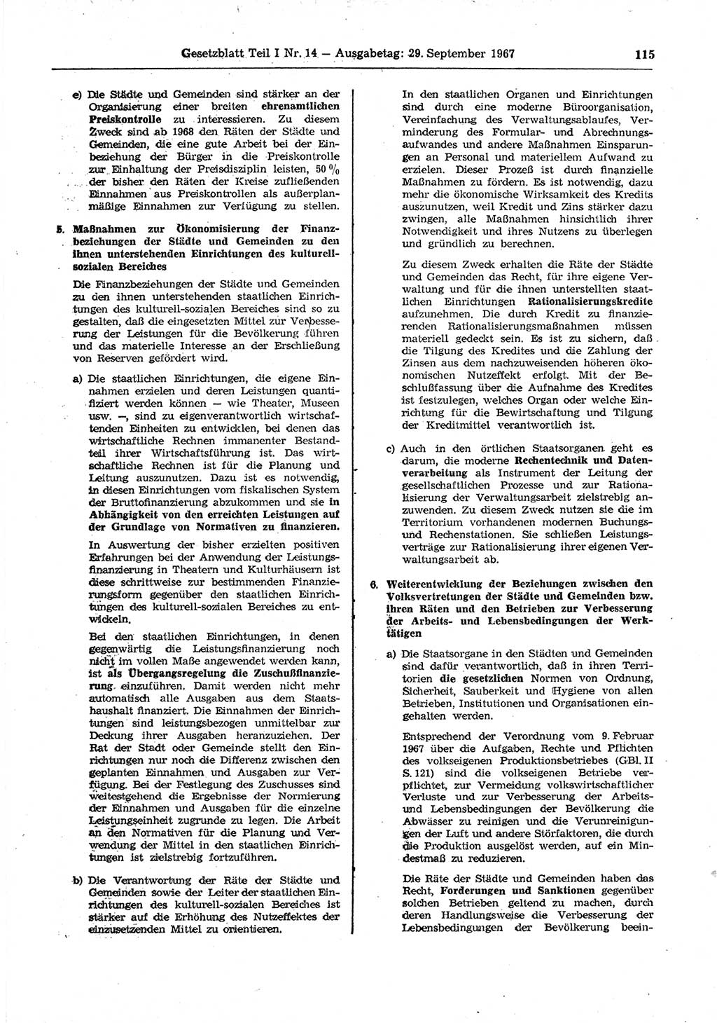 Gesetzblatt (GBl.) der Deutschen Demokratischen Republik (DDR) Teil Ⅰ 1967, Seite 115 (GBl. DDR Ⅰ 1967, S. 115)