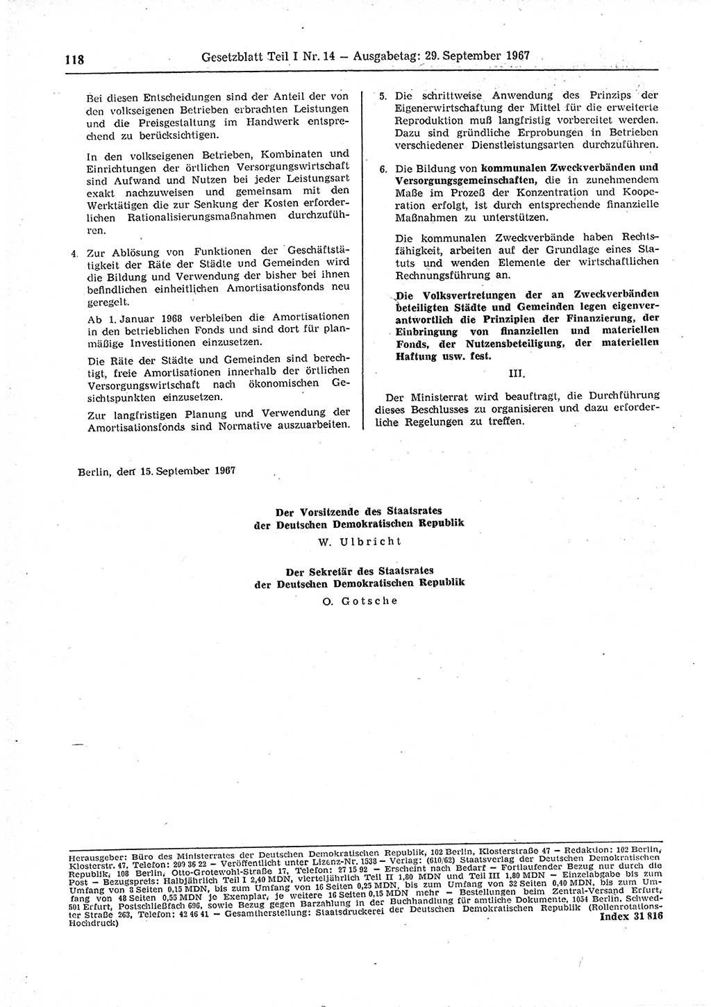 Gesetzblatt (GBl.) der Deutschen Demokratischen Republik (DDR) Teil Ⅰ 1967, Seite 118 (GBl. DDR Ⅰ 1967, S. 118)