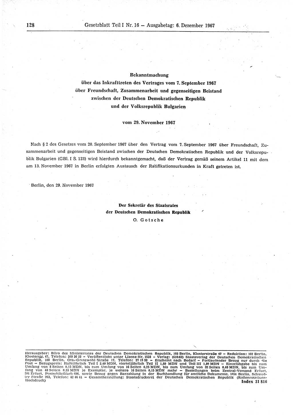 Gesetzblatt (GBl.) der Deutschen Demokratischen Republik (DDR) Teil Ⅰ 1967, Seite 128 (GBl. DDR Ⅰ 1967, S. 128)