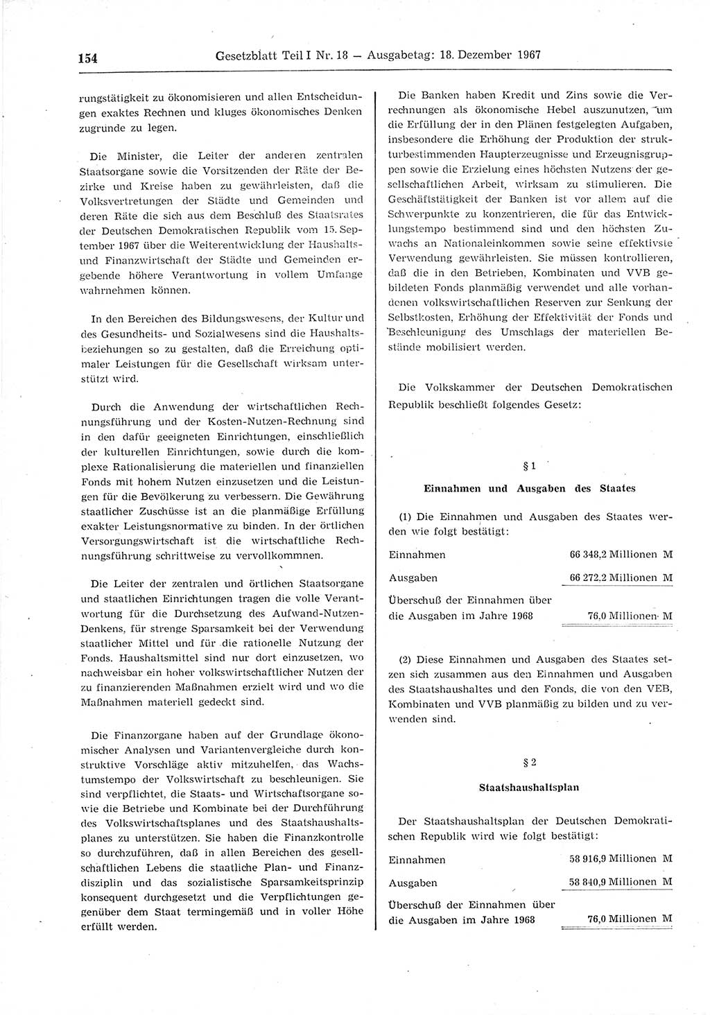 Gesetzblatt (GBl.) der Deutschen Demokratischen Republik (DDR) Teil Ⅰ 1967, Seite 154 (GBl. DDR Ⅰ 1967, S. 154)