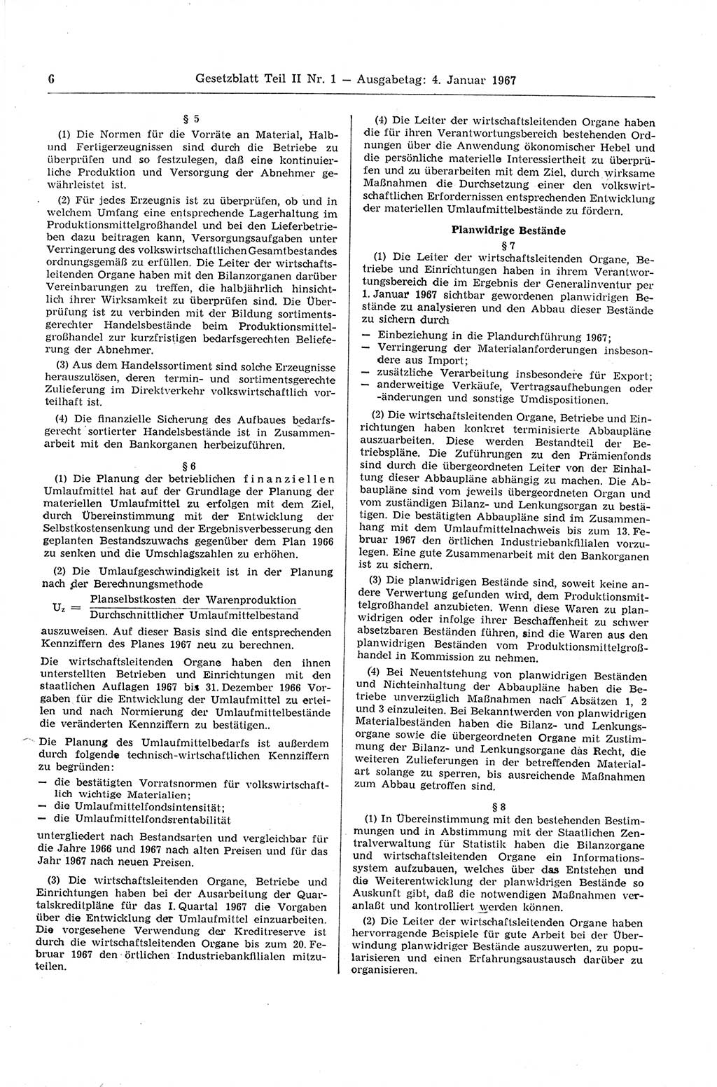 Gesetzblatt (GBl.) der Deutschen Demokratischen Republik (DDR) Teil ⅠⅠ 1967, Seite 6 (GBl. DDR ⅠⅠ 1967, S. 6)