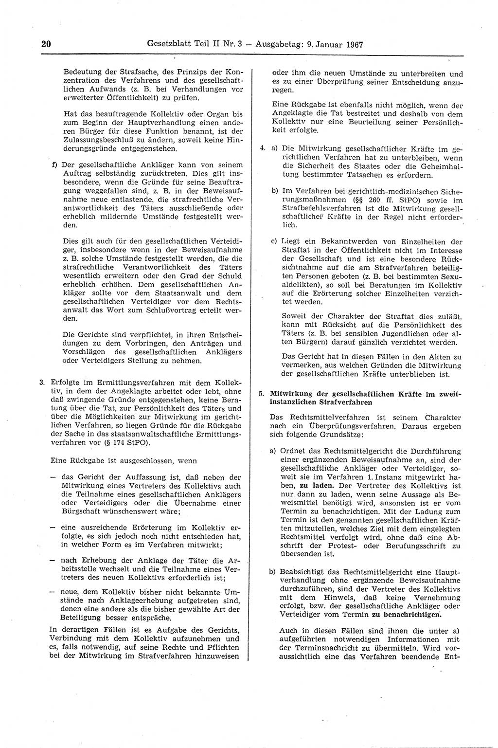 Gesetzblatt (GBl.) der Deutschen Demokratischen Republik (DDR) Teil ⅠⅠ 1967, Seite 20 (GBl. DDR ⅠⅠ 1967, S. 20)