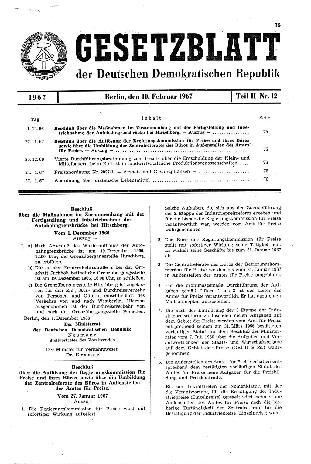Gesetzblatt (GBl.) der Deutschen Demokratischen Republik (DDR) Teil ⅠⅠ 1967, Seite 75 (GBl. DDR ⅠⅠ 1967, S. 75)