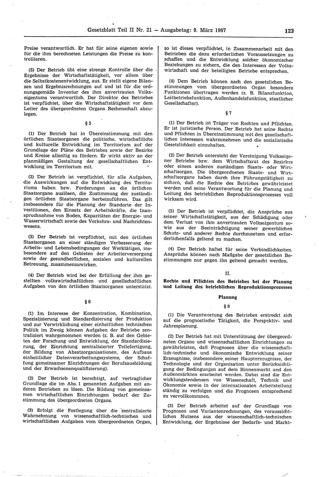 Gesetzblatt (GBl.) der Deutschen Demokratischen Republik (DDR) Teil ⅠⅠ 1967, Seite 123 (GBl. DDR ⅠⅠ 1967, S. 123)