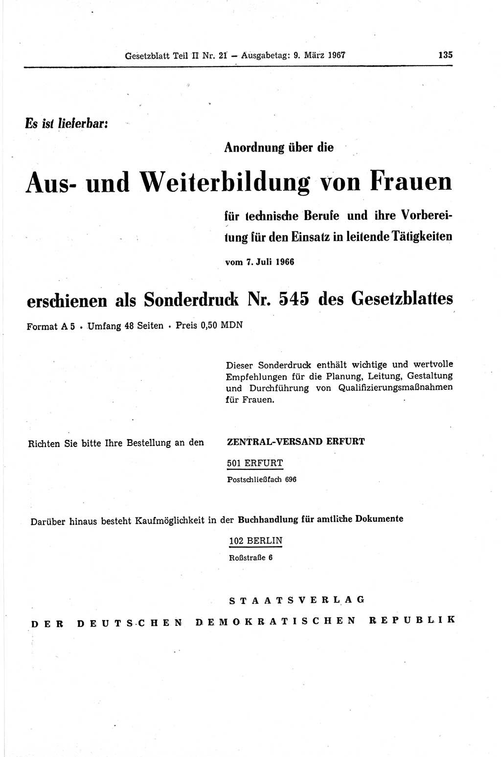 Gesetzblatt (GBl.) der Deutschen Demokratischen Republik (DDR) Teil ⅠⅠ 1967, Seite 135 (GBl. DDR ⅠⅠ 1967, S. 135)
