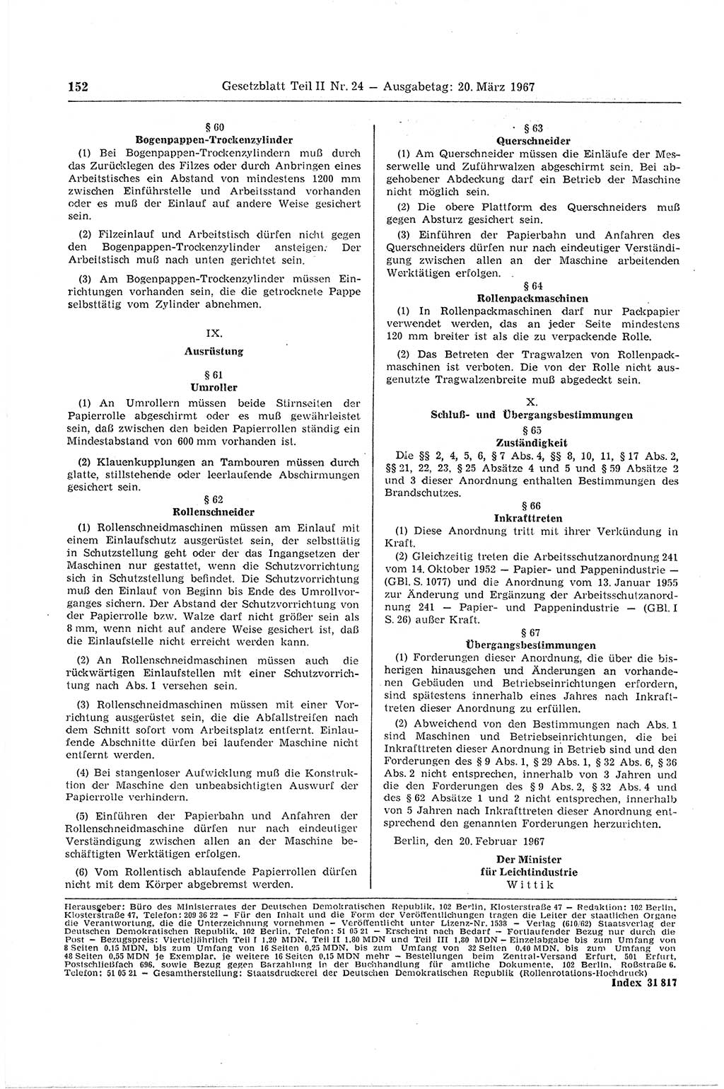Gesetzblatt (GBl.) der Deutschen Demokratischen Republik (DDR) Teil ⅠⅠ 1967, Seite 152 (GBl. DDR ⅠⅠ 1967, S. 152)
