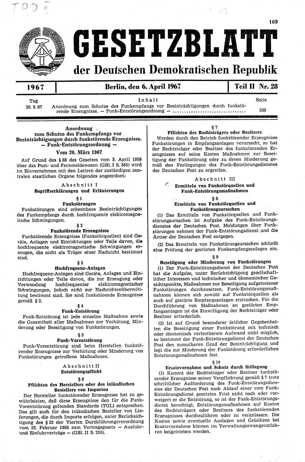 Gesetzblatt (GBl.) der Deutschen Demokratischen Republik (DDR) Teil ⅠⅠ 1967, Seite 169 (GBl. DDR ⅠⅠ 1967, S. 169)