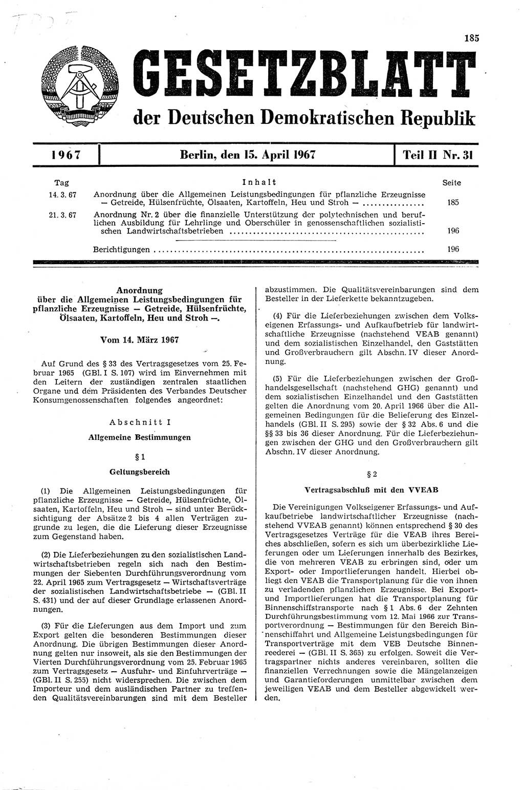 Gesetzblatt (GBl.) der Deutschen Demokratischen Republik (DDR) Teil ⅠⅠ 1967, Seite 185 (GBl. DDR ⅠⅠ 1967, S. 185)