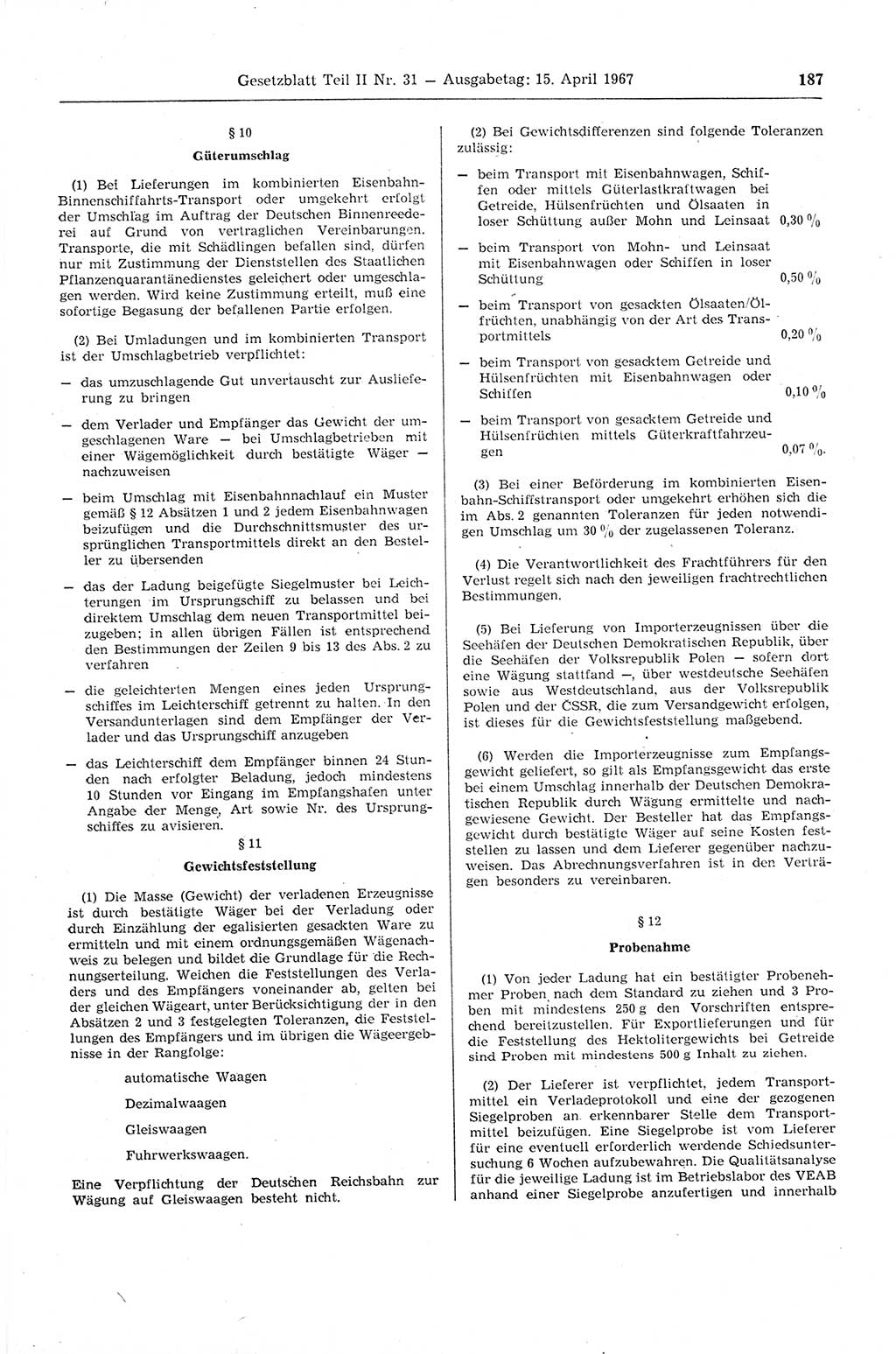 Gesetzblatt (GBl.) der Deutschen Demokratischen Republik (DDR) Teil ⅠⅠ 1967, Seite 187 (GBl. DDR ⅠⅠ 1967, S. 187)