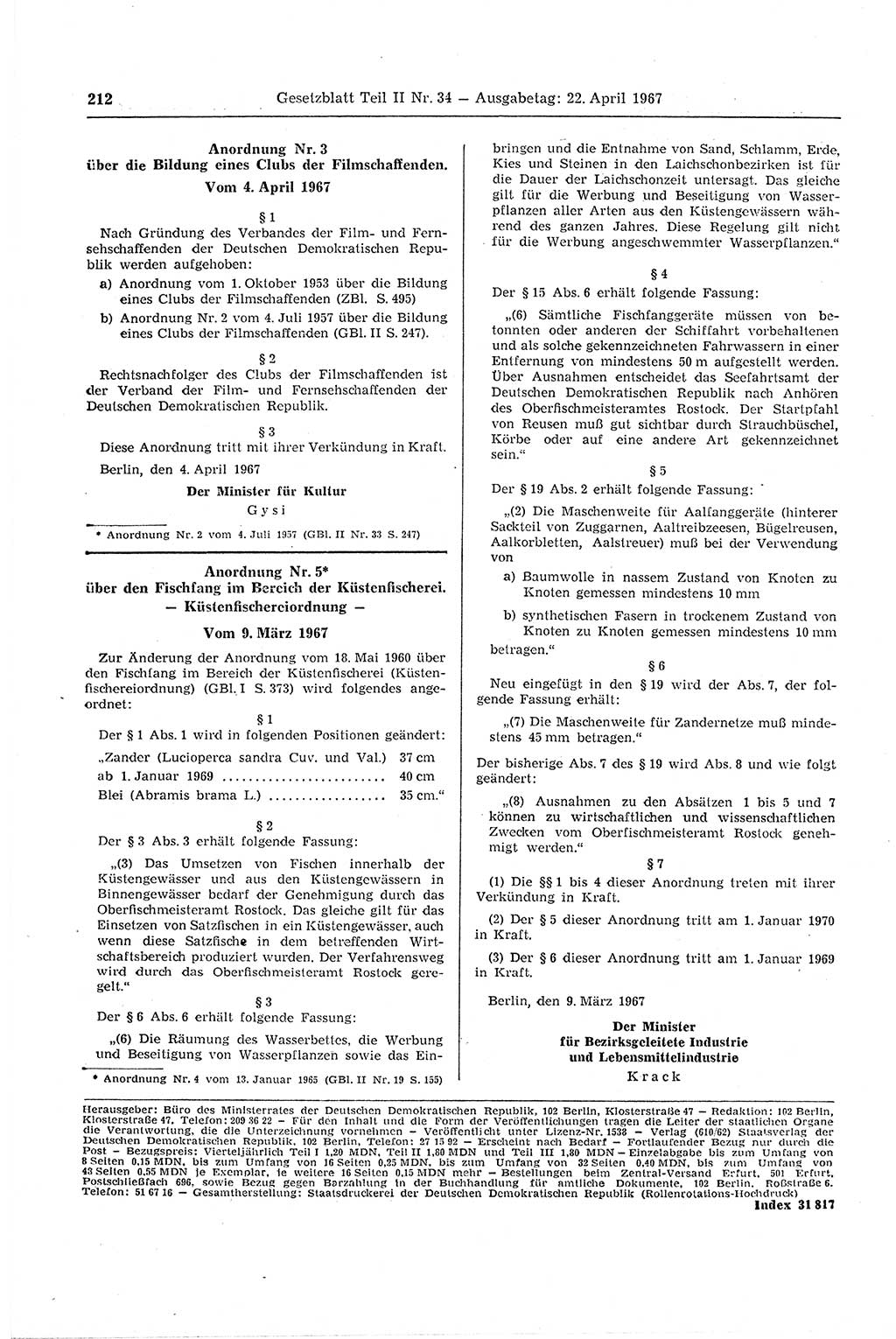 Gesetzblatt (GBl.) der Deutschen Demokratischen Republik (DDR) Teil ⅠⅠ 1967, Seite 212 (GBl. DDR ⅠⅠ 1967, S. 212)