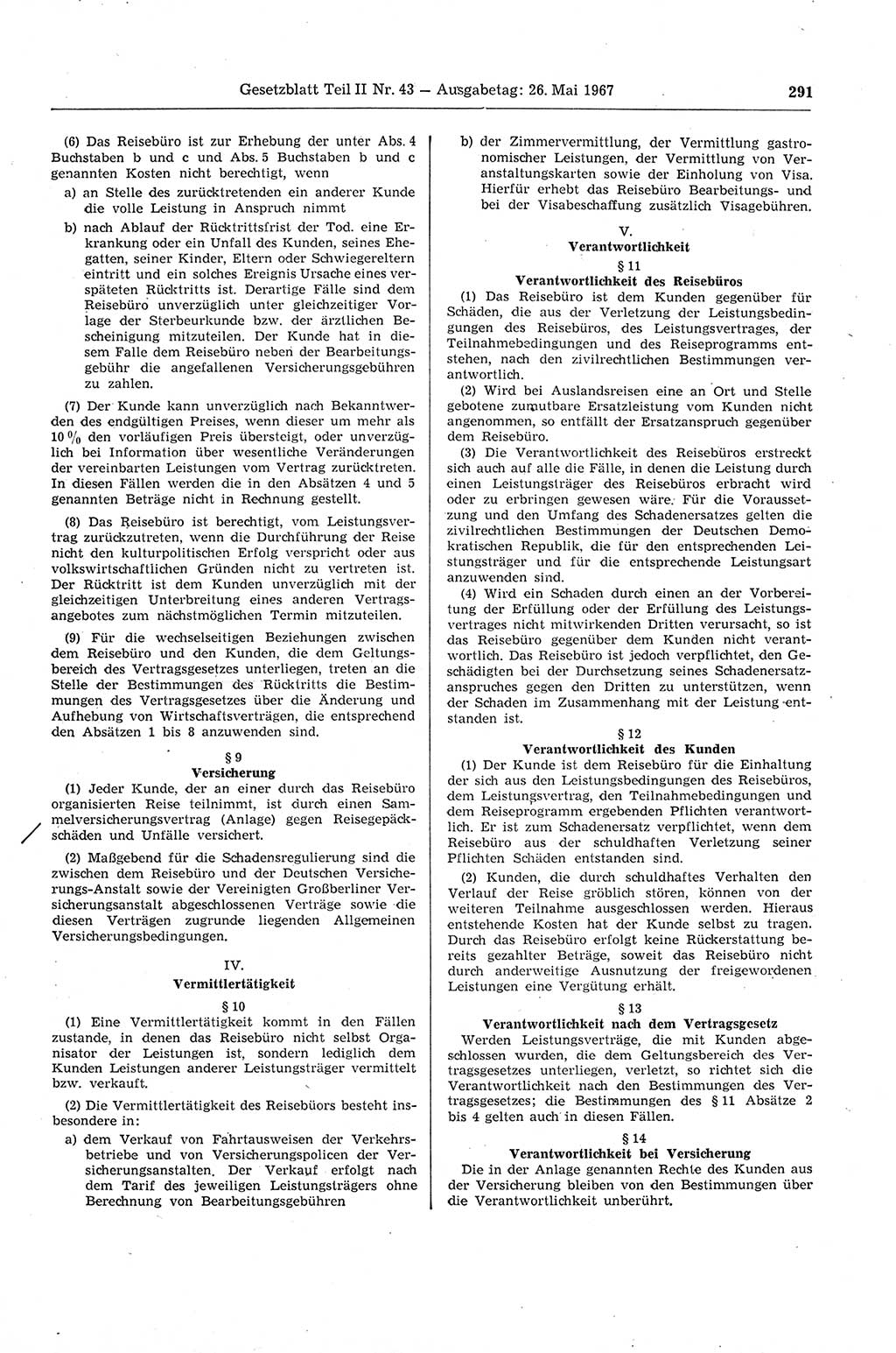 Gesetzblatt (GBl.) der Deutschen Demokratischen Republik (DDR) Teil ⅠⅠ 1967, Seite 291 (GBl. DDR ⅠⅠ 1967, S. 291)