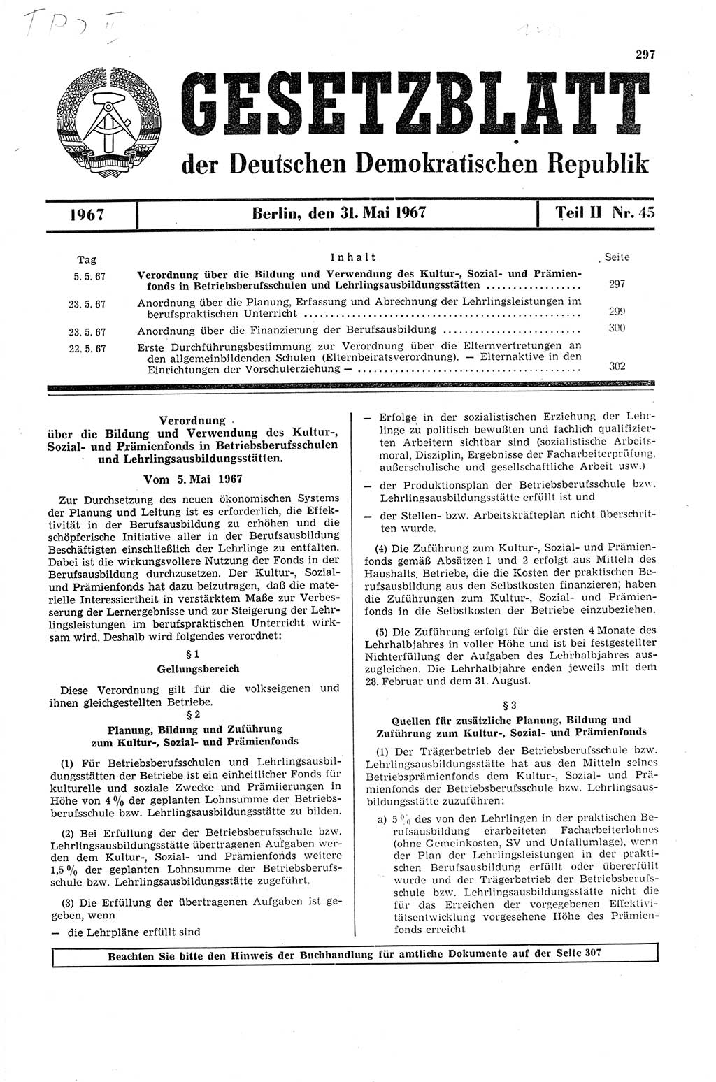 Gesetzblatt (GBl.) der Deutschen Demokratischen Republik (DDR) Teil ⅠⅠ 1967, Seite 297 (GBl. DDR ⅠⅠ 1967, S. 297)