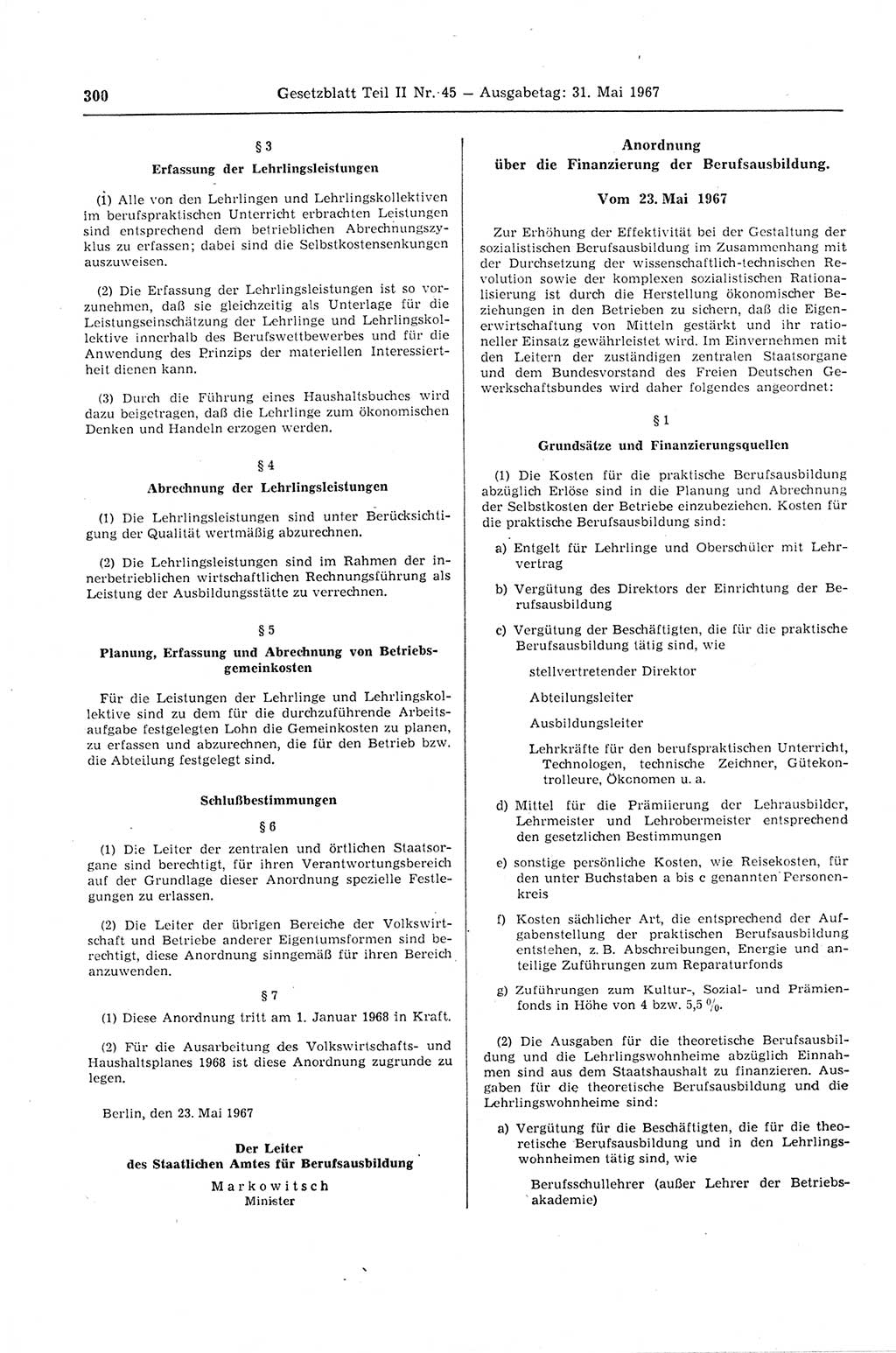 Gesetzblatt (GBl.) der Deutschen Demokratischen Republik (DDR) Teil ⅠⅠ 1967, Seite 300 (GBl. DDR ⅠⅠ 1967, S. 300)