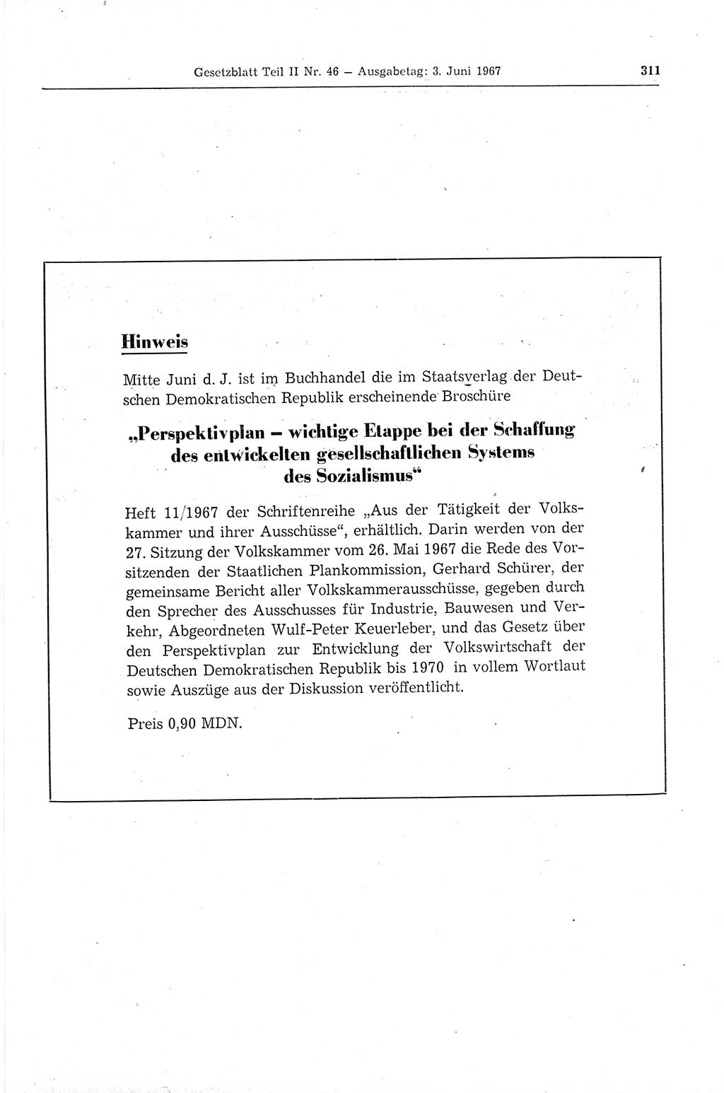 Gesetzblatt (GBl.) der Deutschen Demokratischen Republik (DDR) Teil ⅠⅠ 1967, Seite 311 (GBl. DDR ⅠⅠ 1967, S. 311)