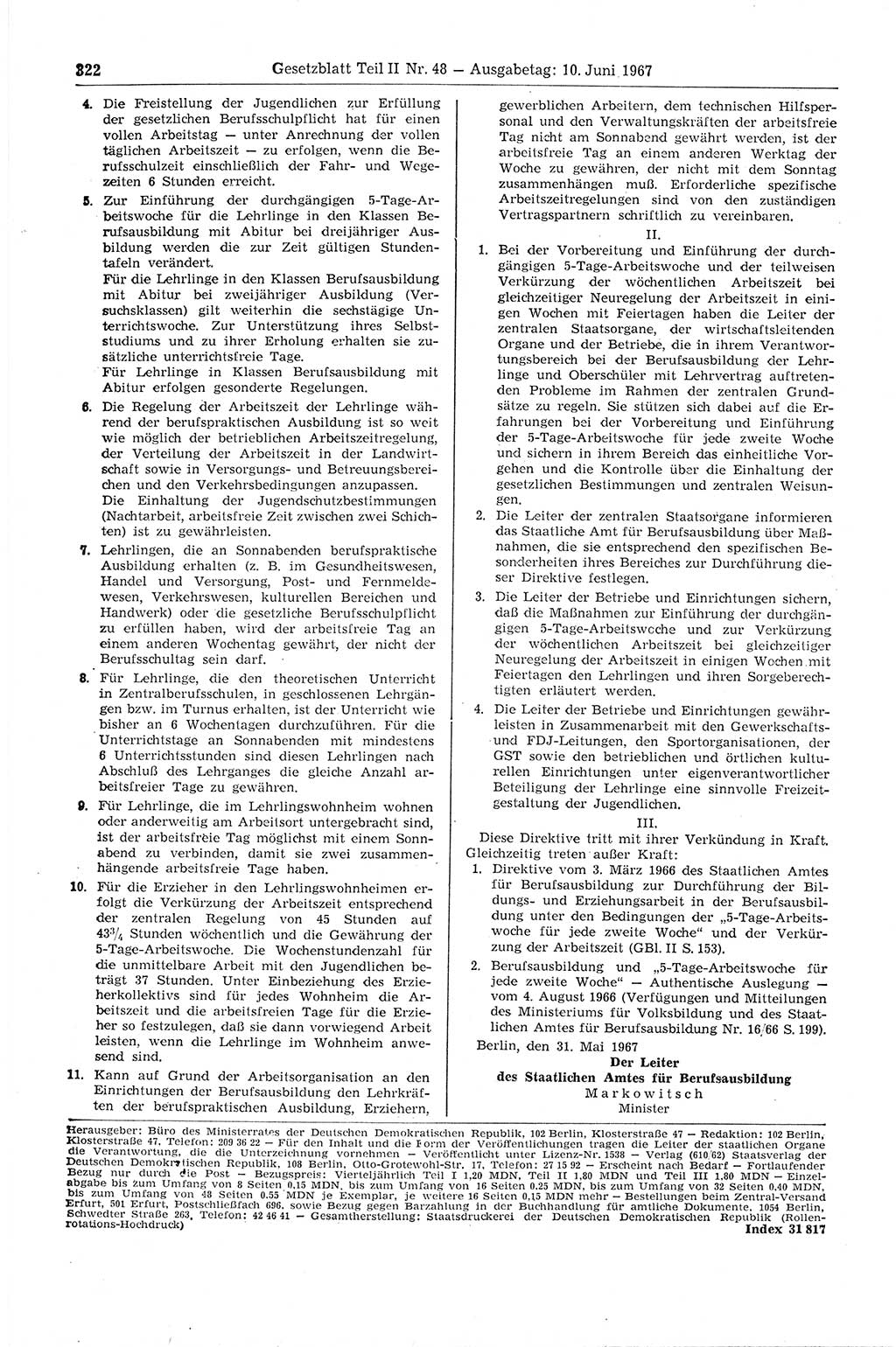 Gesetzblatt (GBl.) der Deutschen Demokratischen Republik (DDR) Teil ⅠⅠ 1967, Seite 322 (GBl. DDR ⅠⅠ 1967, S. 322)