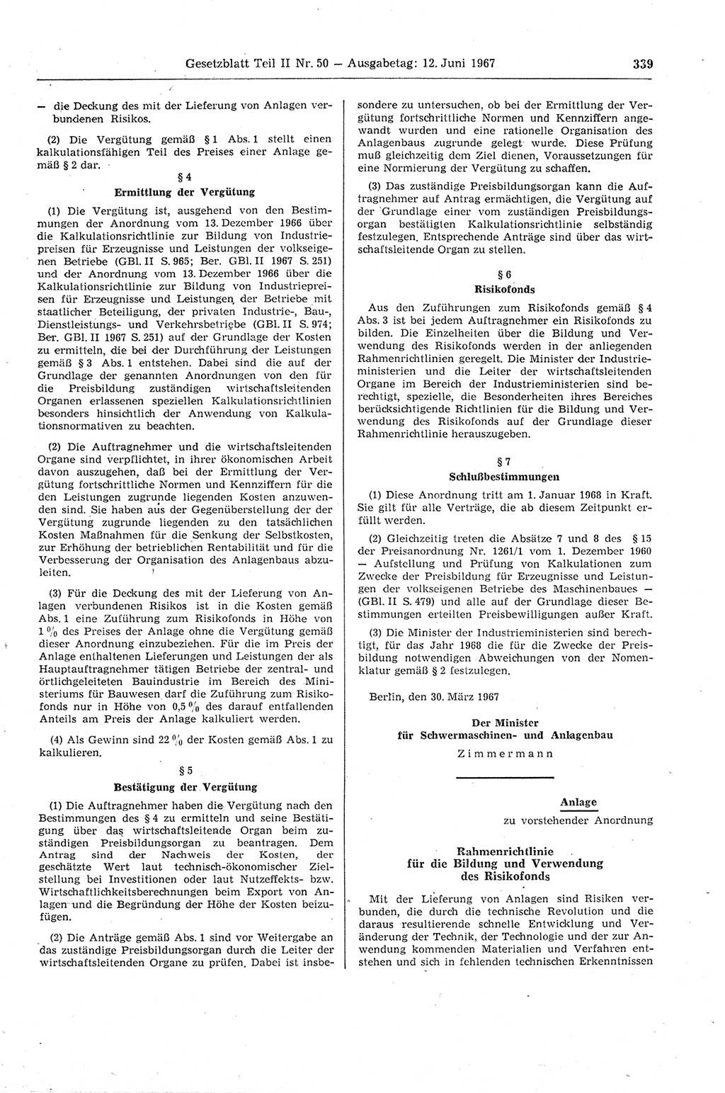 Gesetzblatt (GBl.) der Deutschen Demokratischen Republik (DDR) Teil ⅠⅠ 1967, Seite 339 (GBl. DDR ⅠⅠ 1967, S. 339)
