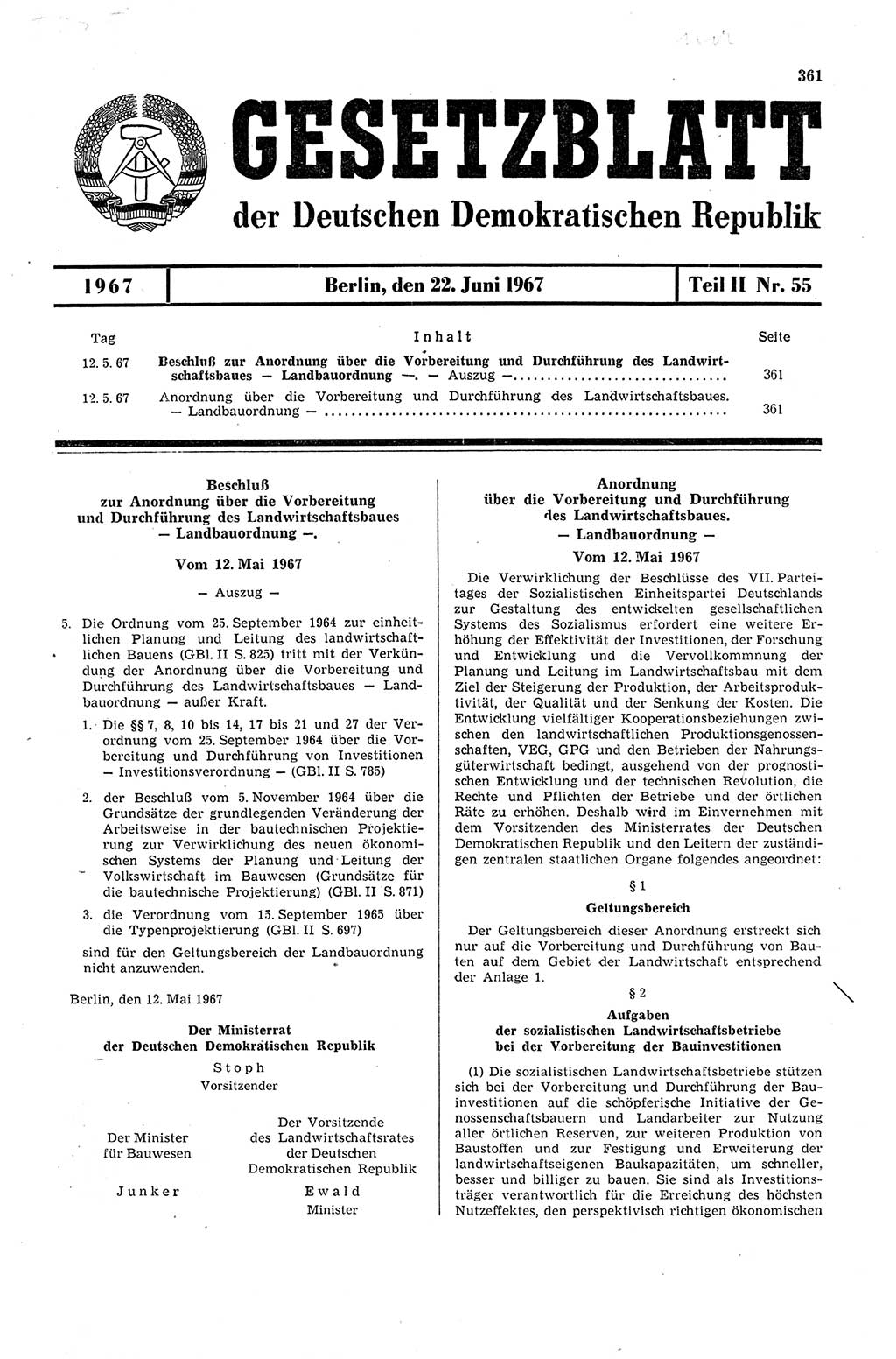 Gesetzblatt (GBl.) der Deutschen Demokratischen Republik (DDR) Teil ⅠⅠ 1967, Seite 361 (GBl. DDR ⅠⅠ 1967, S. 361)