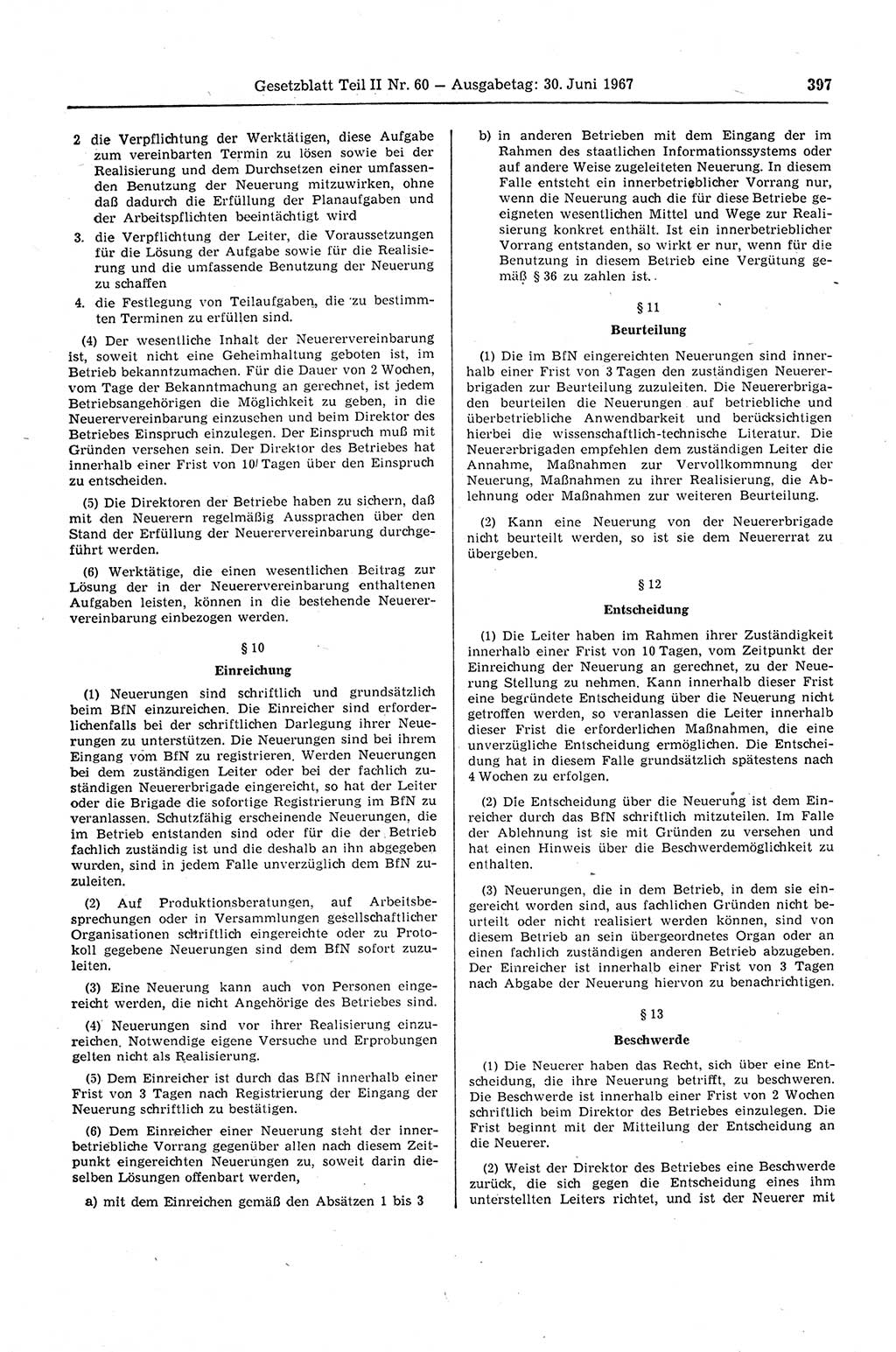 Gesetzblatt (GBl.) der Deutschen Demokratischen Republik (DDR) Teil ⅠⅠ 1967, Seite 397 (GBl. DDR ⅠⅠ 1967, S. 397)
