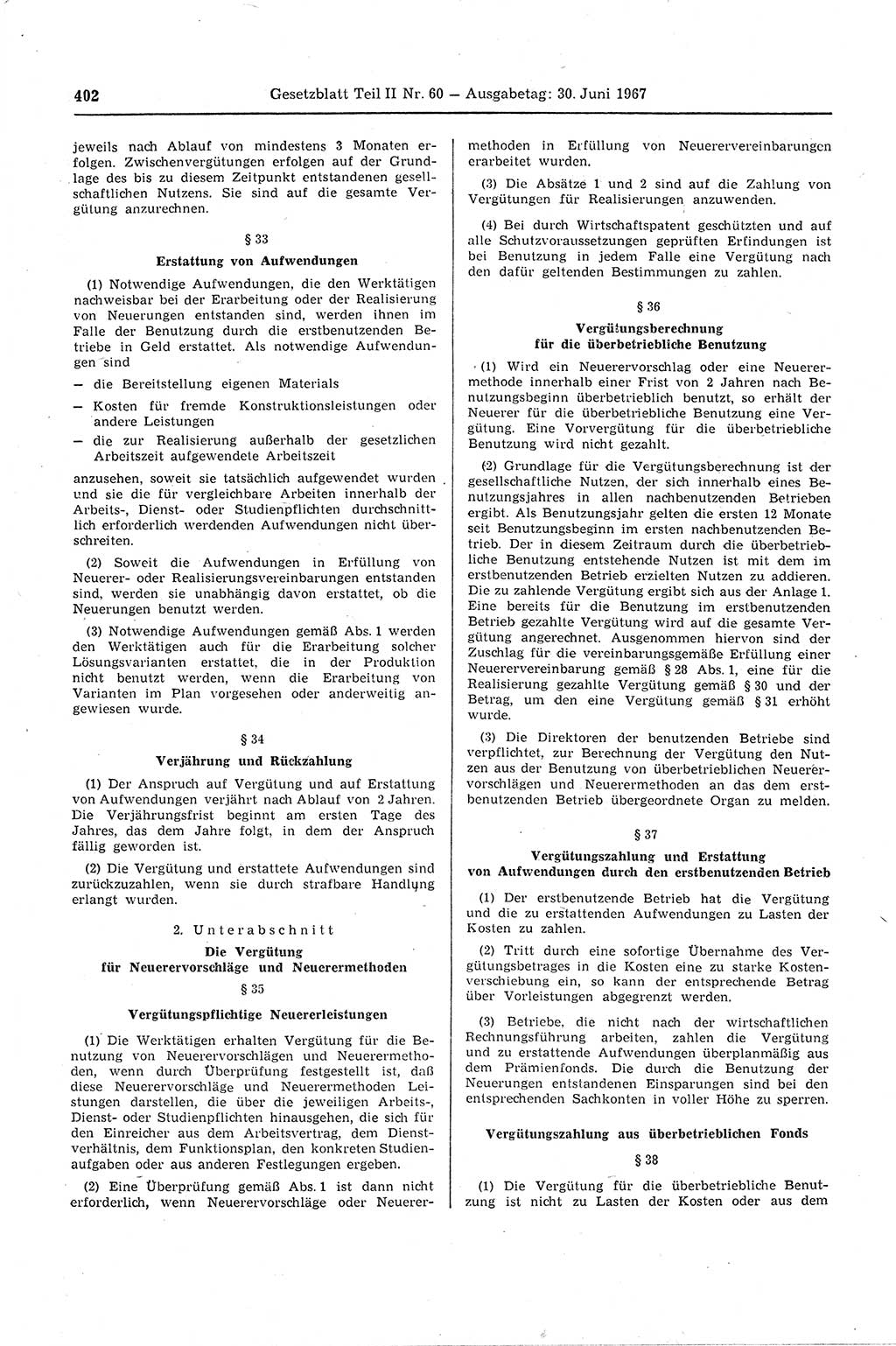 Gesetzblatt (GBl.) der Deutschen Demokratischen Republik (DDR) Teil ⅠⅠ 1967, Seite 402 (GBl. DDR ⅠⅠ 1967, S. 402)