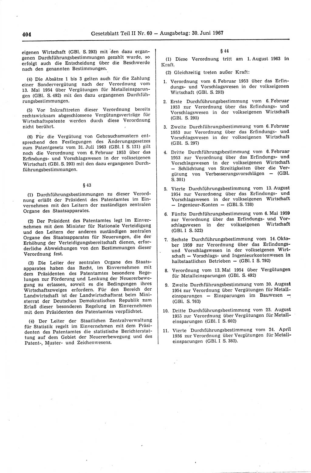 Gesetzblatt (GBl.) der Deutschen Demokratischen Republik (DDR) Teil ⅠⅠ 1967, Seite 404 (GBl. DDR ⅠⅠ 1967, S. 404)
