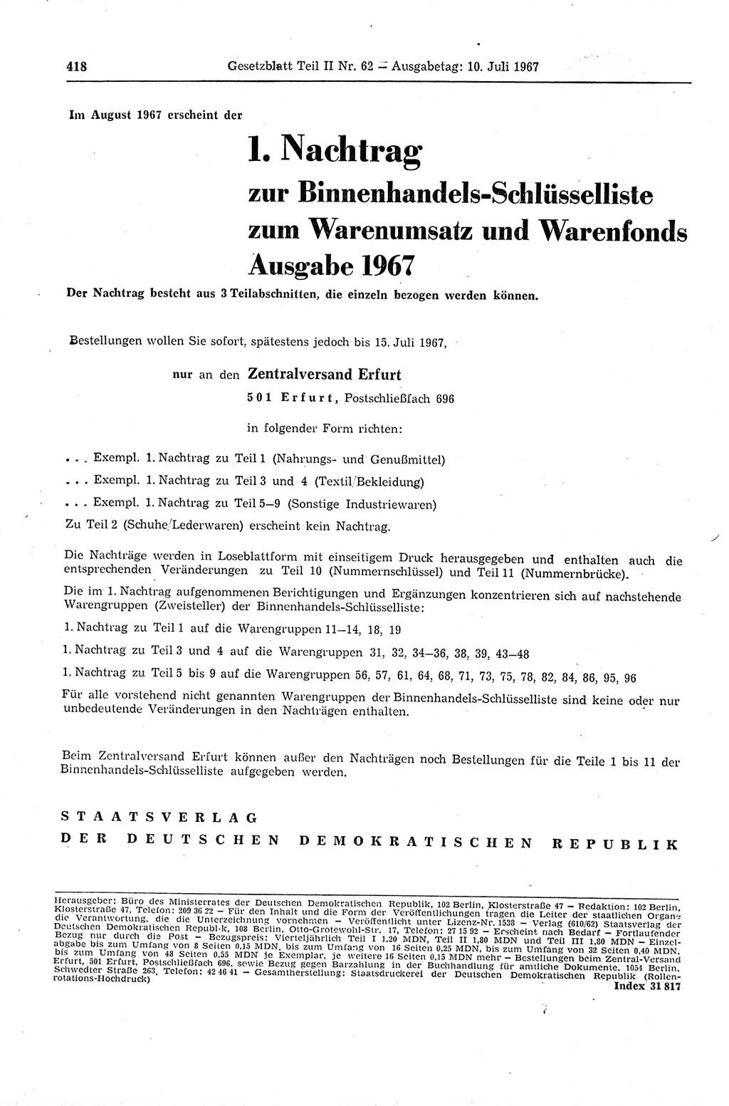 Gesetzblatt (GBl.) der Deutschen Demokratischen Republik (DDR) Teil ⅠⅠ 1967, Seite 418 (GBl. DDR ⅠⅠ 1967, S. 418)