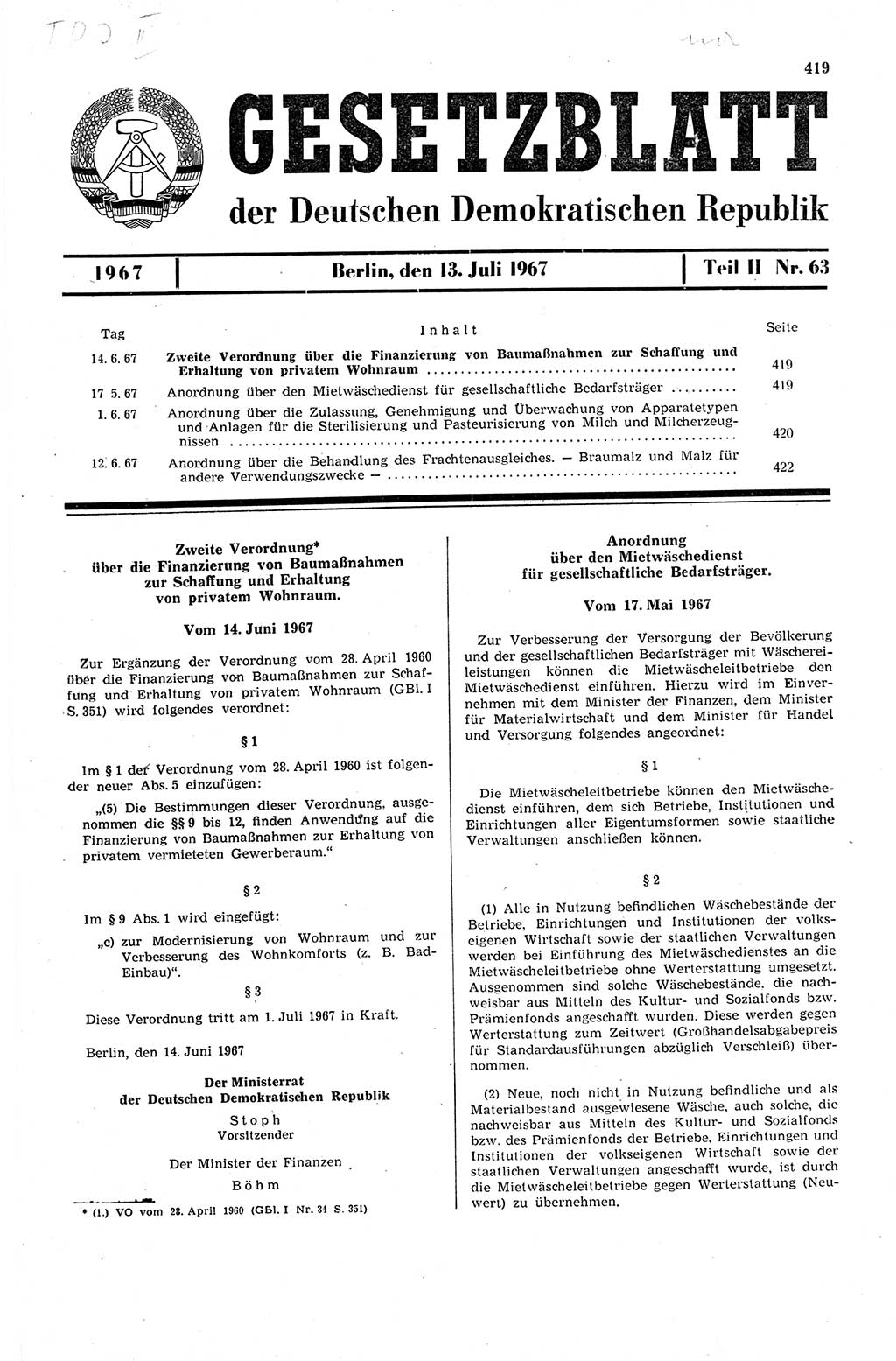 Gesetzblatt (GBl.) der Deutschen Demokratischen Republik (DDR) Teil ⅠⅠ 1967, Seite 419 (GBl. DDR ⅠⅠ 1967, S. 419)