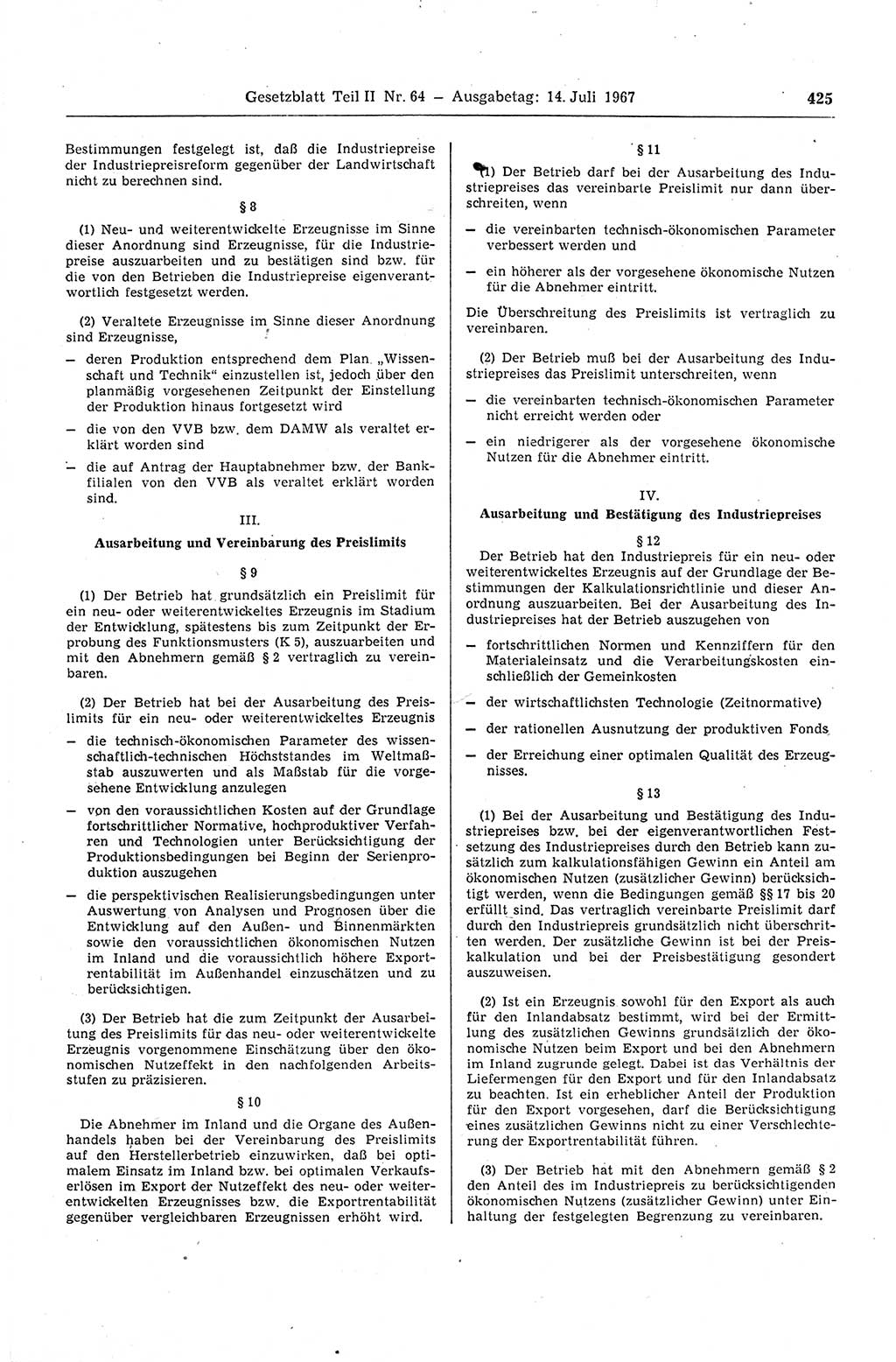 Gesetzblatt (GBl.) der Deutschen Demokratischen Republik (DDR) Teil ⅠⅠ 1967, Seite 425 (GBl. DDR ⅠⅠ 1967, S. 425)