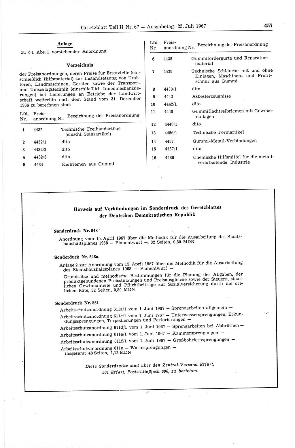 Gesetzblatt (GBl.) der Deutschen Demokratischen Republik (DDR) Teil ⅠⅠ 1967, Seite 457 (GBl. DDR ⅠⅠ 1967, S. 457)