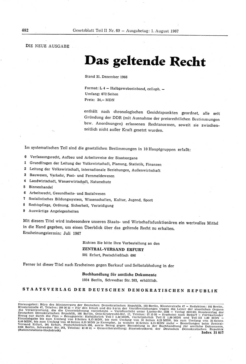 Gesetzblatt (GBl.) der Deutschen Demokratischen Republik (DDR) Teil ⅠⅠ 1967, Seite 482 (GBl. DDR ⅠⅠ 1967, S. 482)