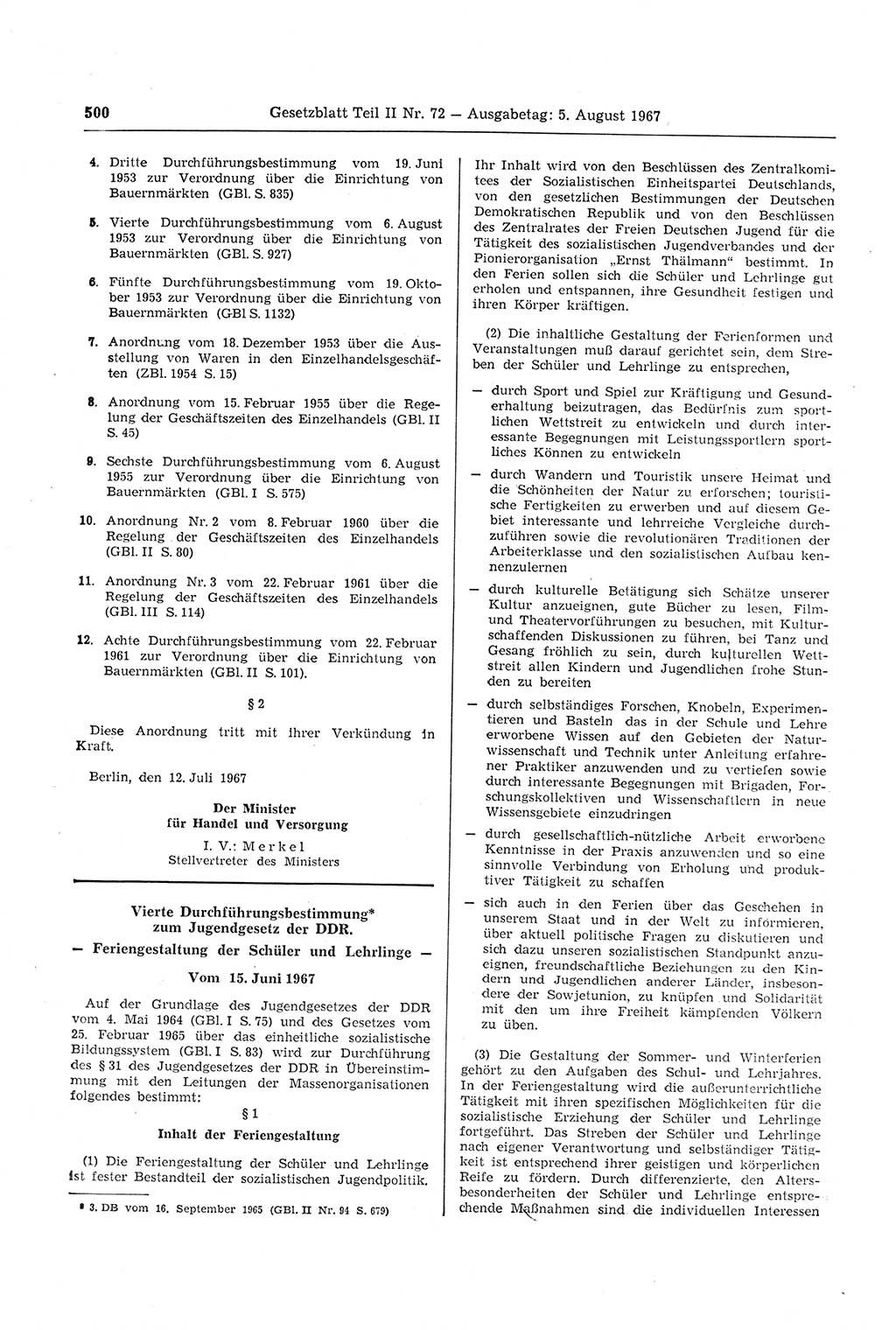 Gesetzblatt (GBl.) der Deutschen Demokratischen Republik (DDR) Teil ⅠⅠ 1967, Seite 500 (GBl. DDR ⅠⅠ 1967, S. 500)