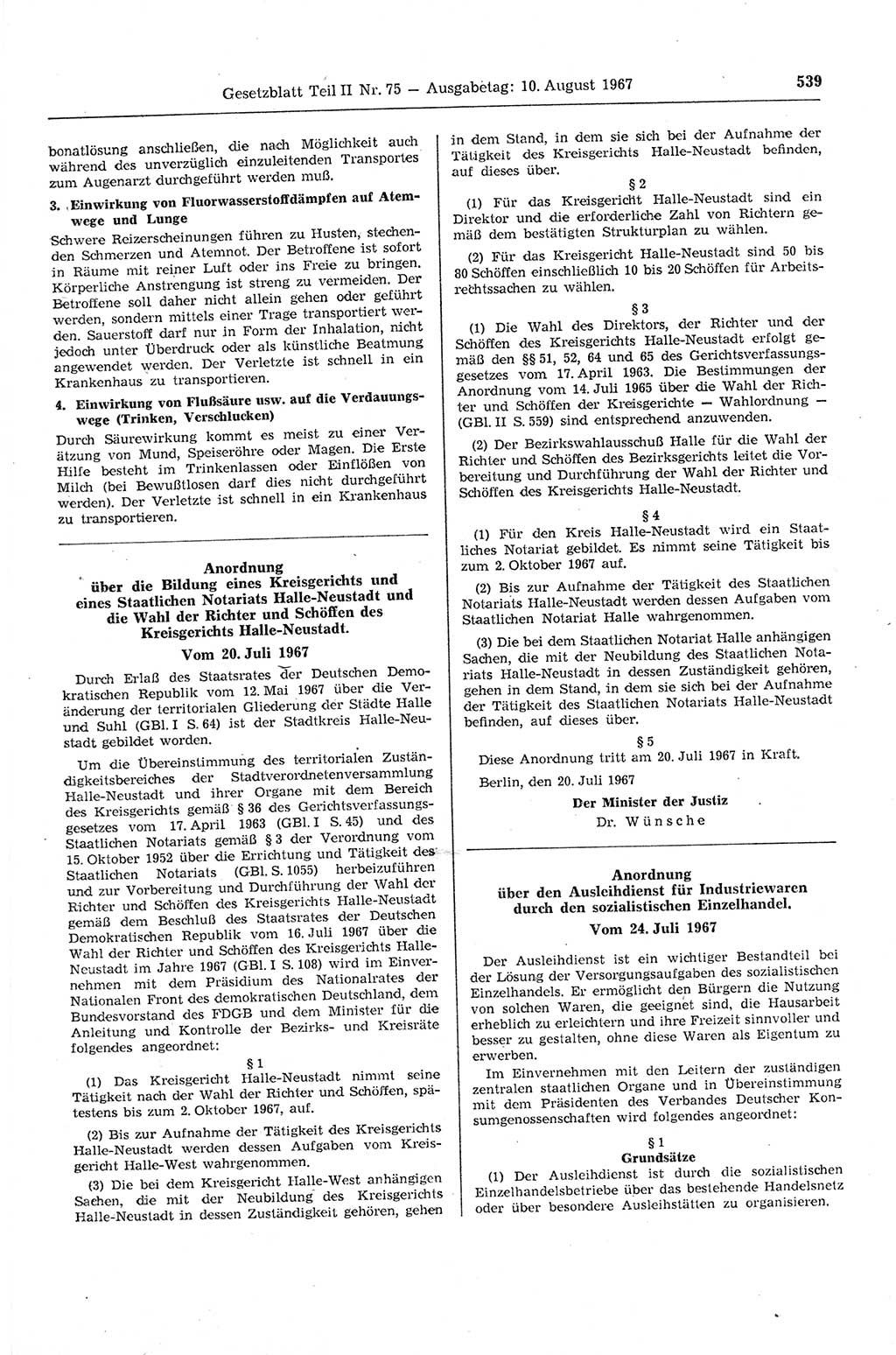 Gesetzblatt (GBl.) der Deutschen Demokratischen Republik (DDR) Teil ⅠⅠ 1967, Seite 539 (GBl. DDR ⅠⅠ 1967, S. 539)