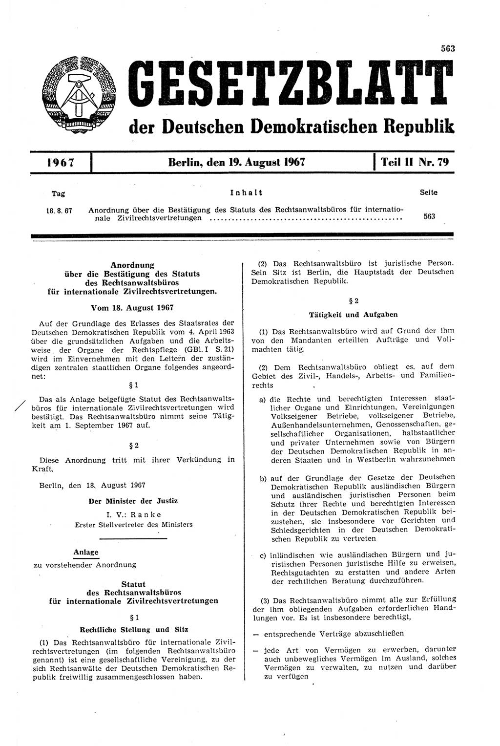 Gesetzblatt (GBl.) der Deutschen Demokratischen Republik (DDR) Teil ⅠⅠ 1967, Seite 563 (GBl. DDR ⅠⅠ 1967, S. 563)