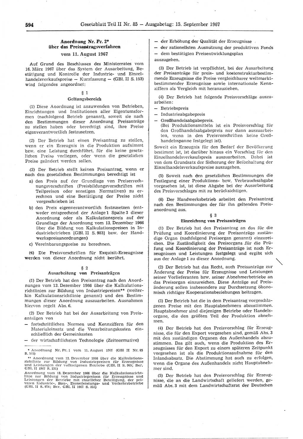 Gesetzblatt (GBl.) der Deutschen Demokratischen Republik (DDR) Teil ⅠⅠ 1967, Seite 594 (GBl. DDR ⅠⅠ 1967, S. 594)